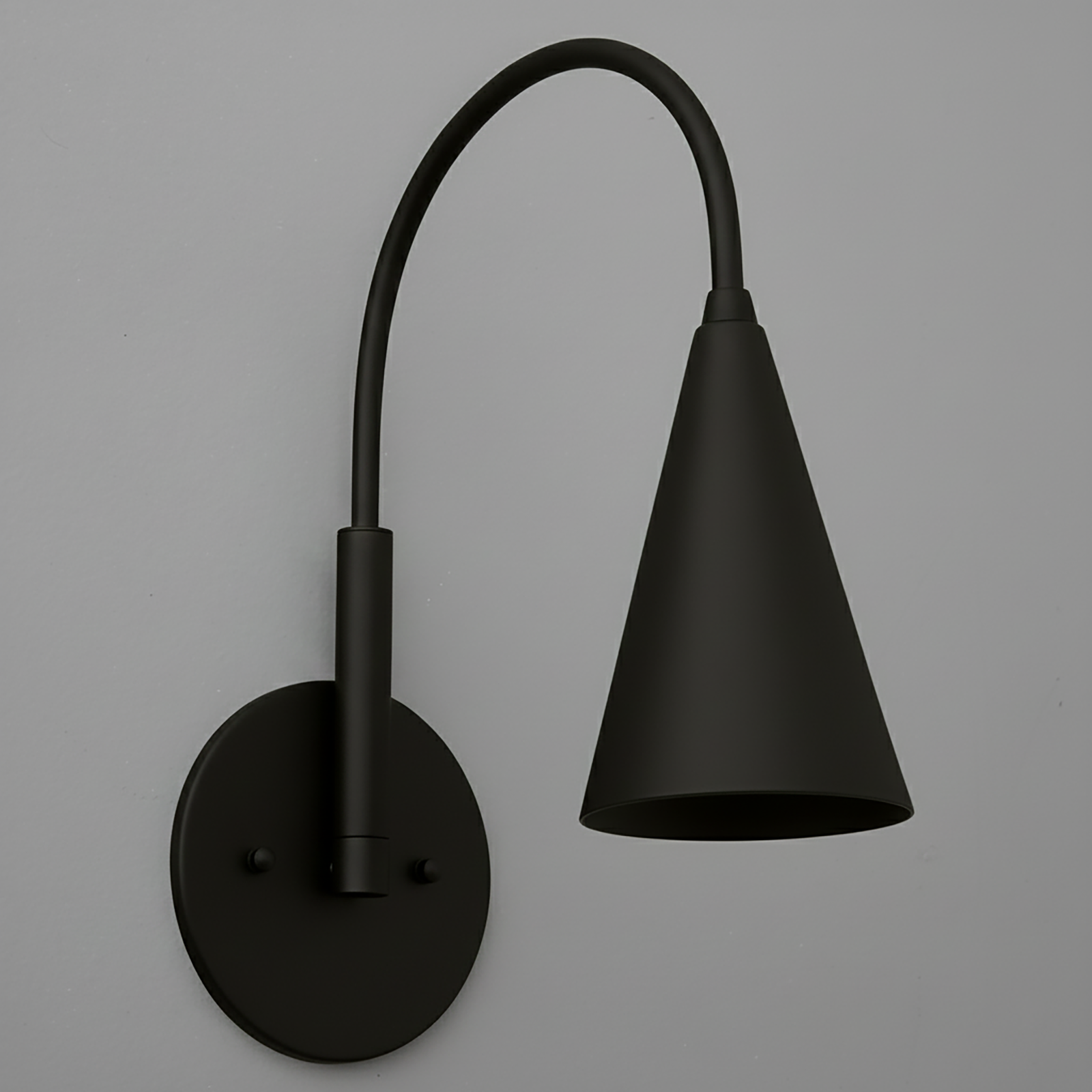 Matte black metal wall sconce with a curved arm and conical shade, single-bulb design. - SCONCE MODEL NO. 1309