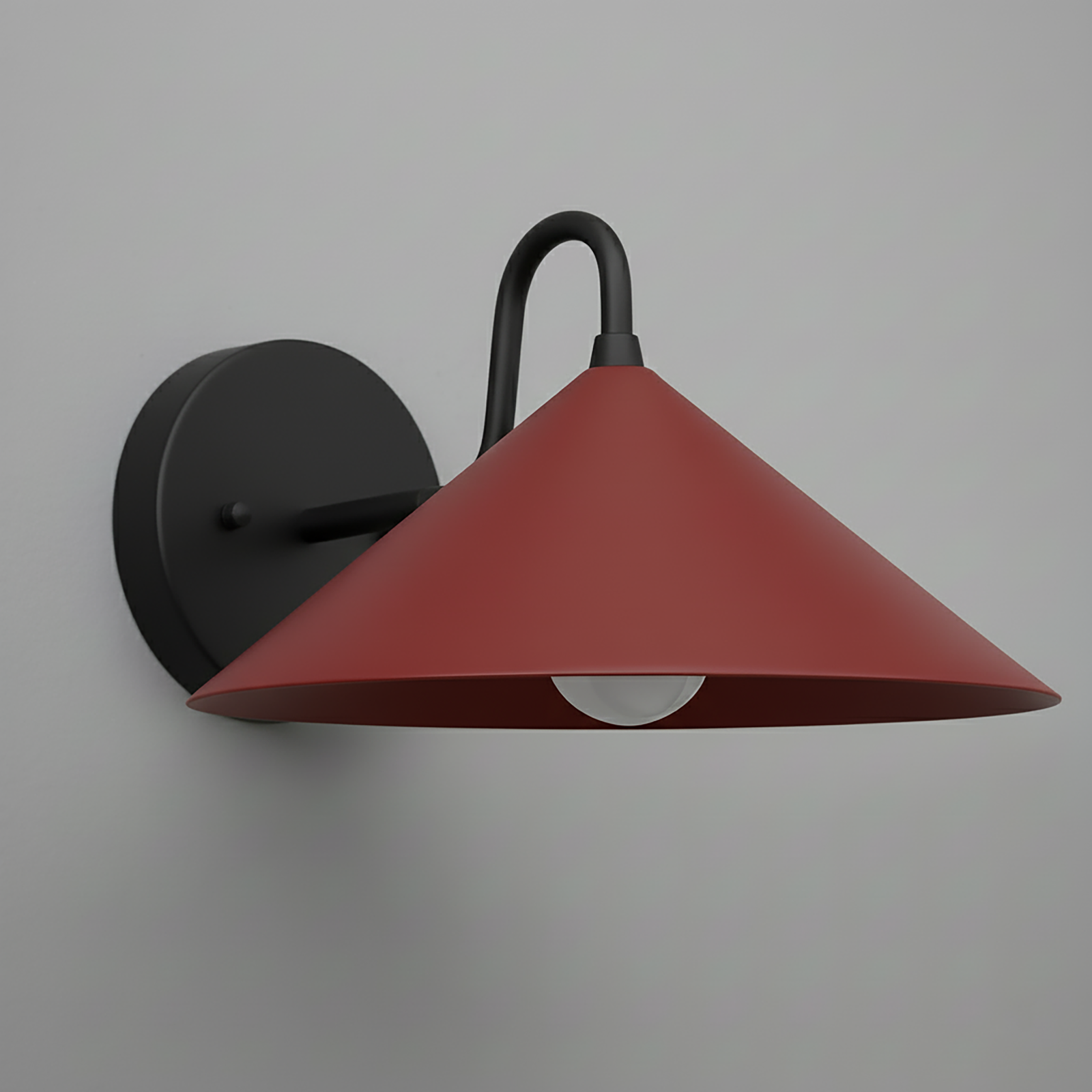 Wall-mounted sconce with a matte black finish and wide conical brick red shade over exposed bulb. - SCONCE MODEL NO. 6528