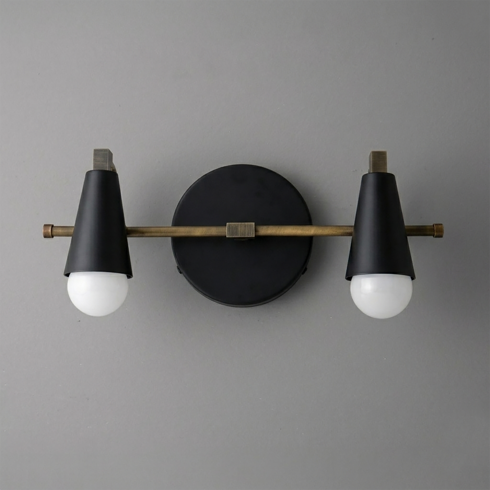 Scandinavian-style 2-bulb vanity light with matte black conical shades and brass horizontal rod. - VANITY LIGHT MODEL NO. 1229