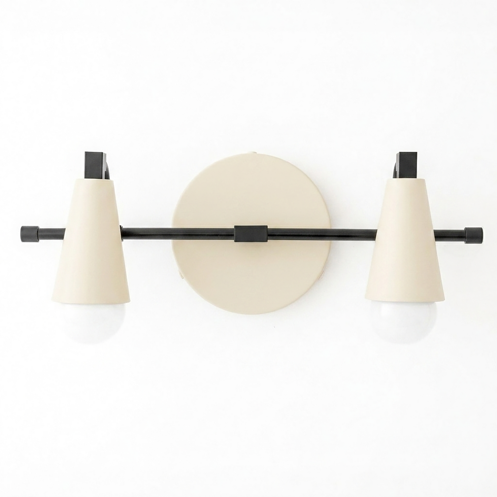 Scandinavian-style 2-bulb vanity light with matte beige conical shades and black metal frame. - VANITY LIGHT MODEL NO. 1229