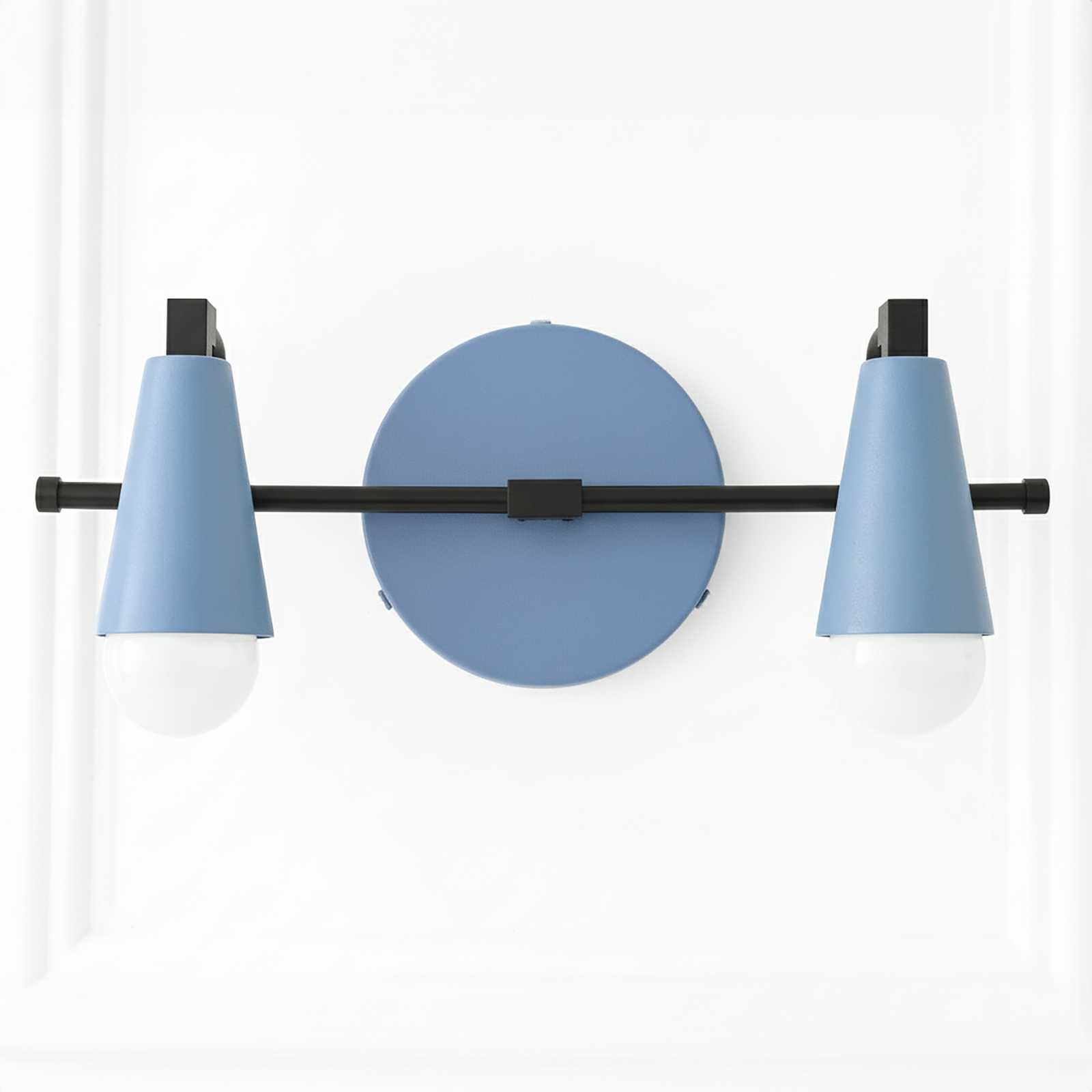 Industrial two-bulb vanity light with matte blue cone shades and black metal frame. - VANITY LIGHT MODEL NO. 1229