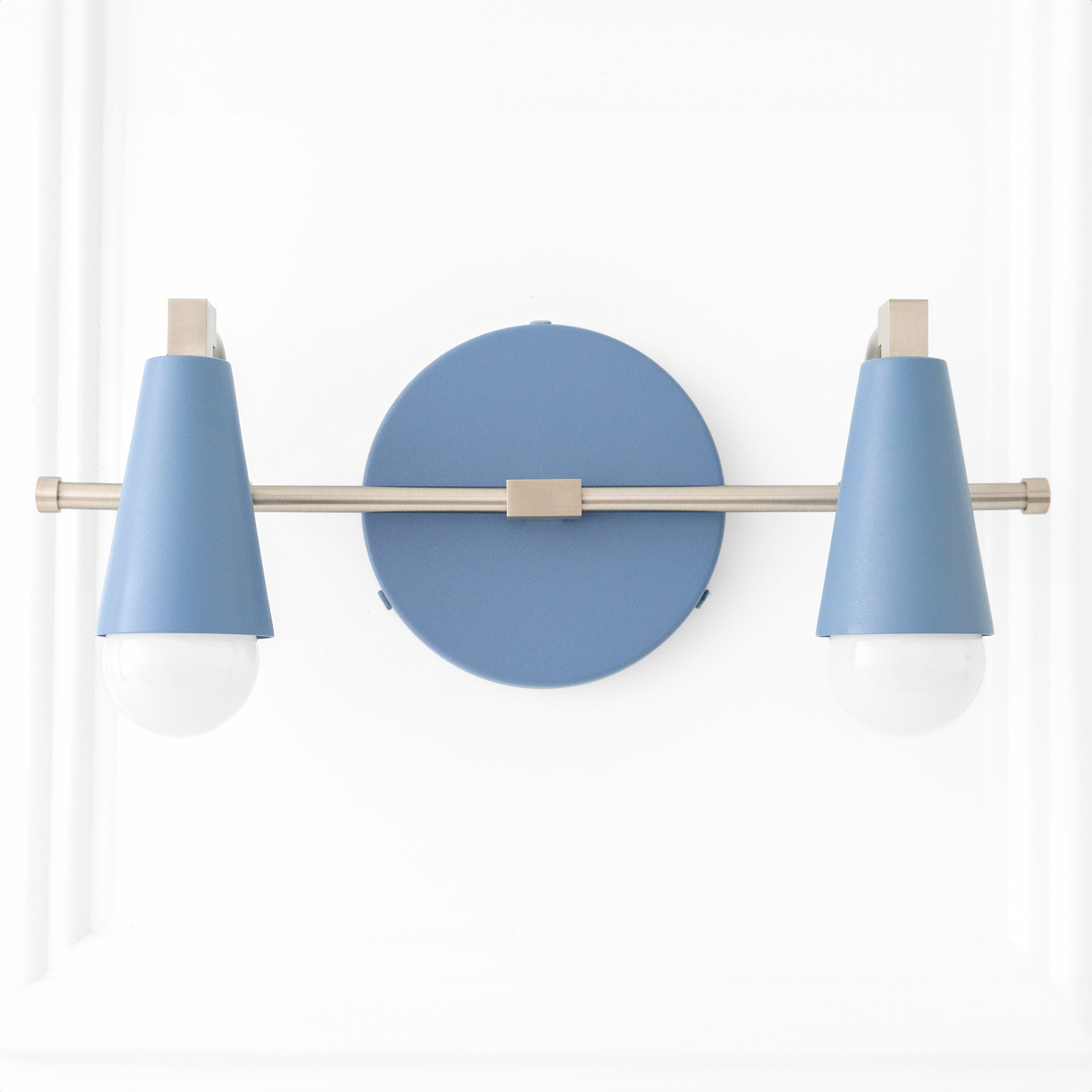 Wall-mounted vanity light with matte blue conical shades and brushed nickel horizontal bar. - VANITY LIGHT MODEL NO. 1229