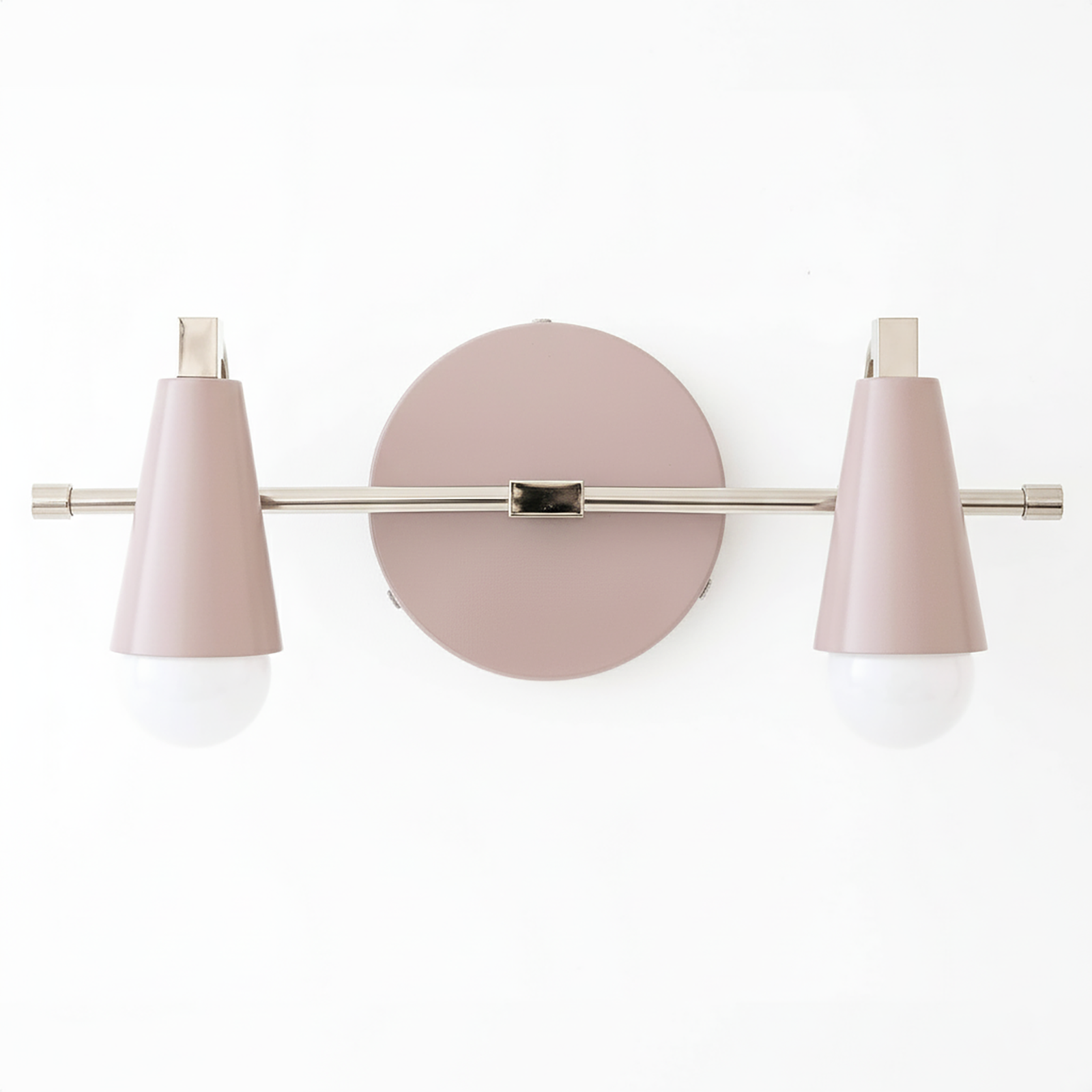Modern vanity light with two conical pink metal shades and brushed nickel horizontal bar and round backplate. - VANITY LIGHT MODEL NO. 1229