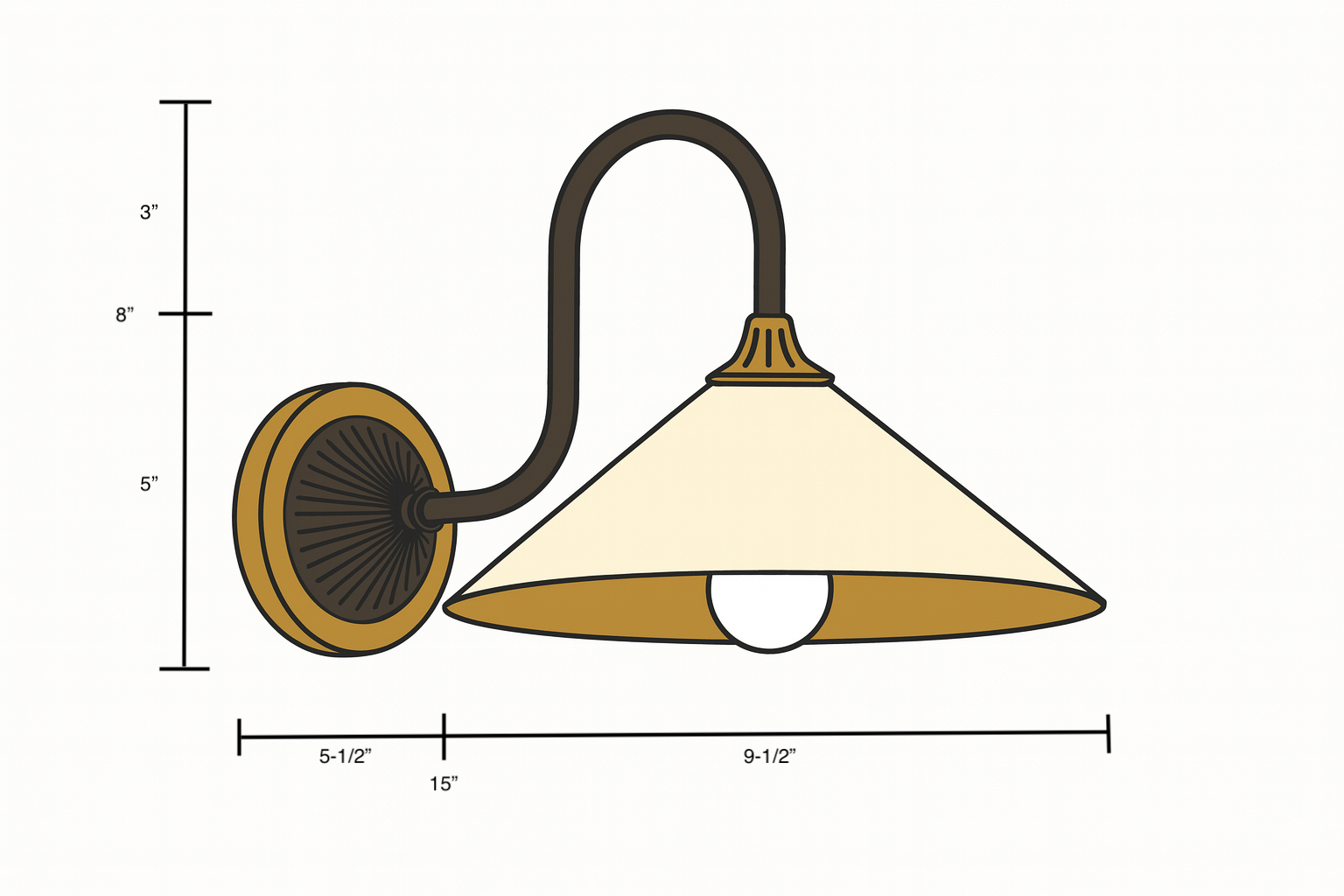 Wall-mounted sconce with round bronze base, curved dark arm, and conical beige lampshade. - SCONCE MODEL NO. 1031