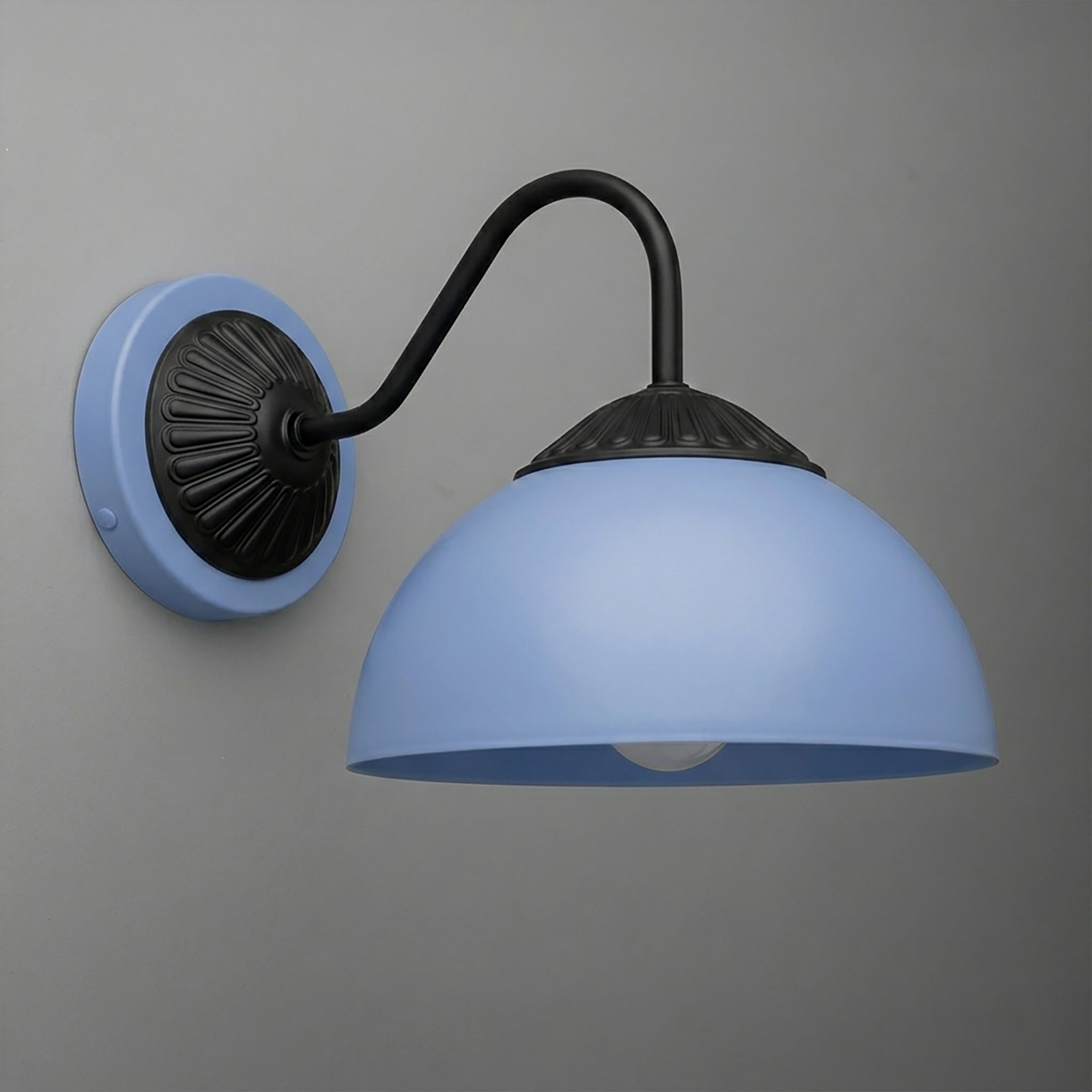 Black metal wall sconce with curved arm and matte blue dome-shaped shade. - SCONCE MODEL NO. 9408