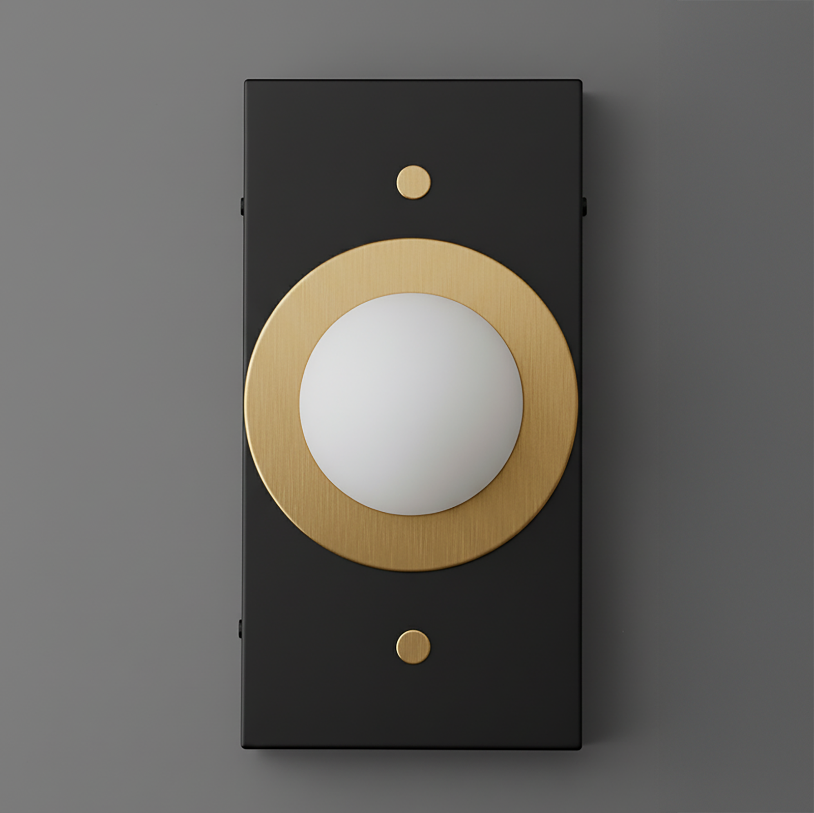 Rectangular black sconce with a central antique brass circular accent and white globe light fixture. - SCONCE MODEL NO. 4474