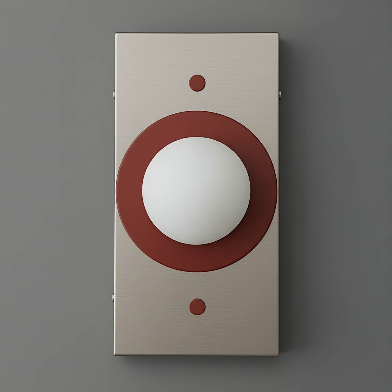 Wall sconce with matte cream rectangular backplate and brick red circular accent around white globe light. - SCONCE MODEL NO. 4474