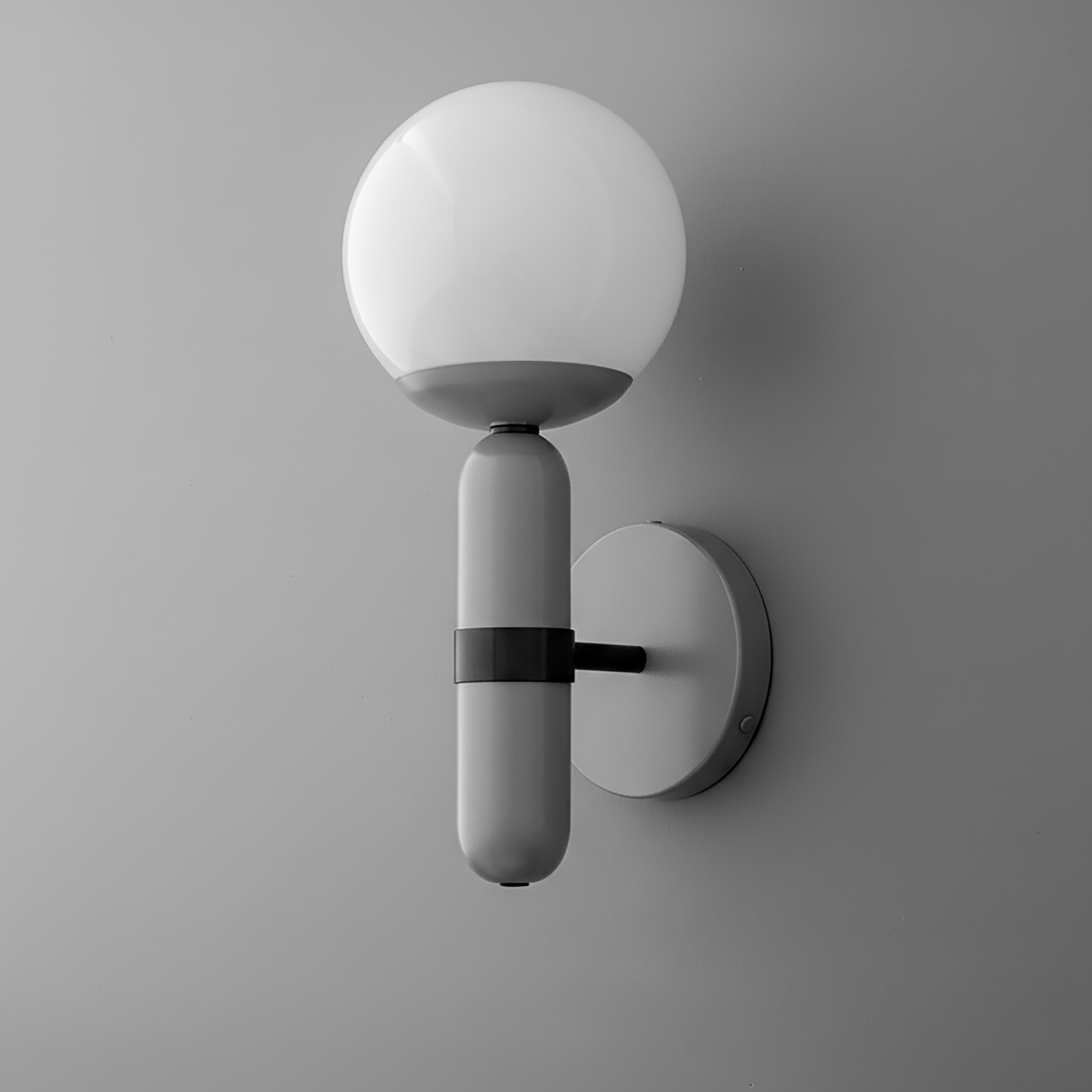 Wall sconce with matte gray cylindrical base and frosted white glass globe shade mounted on gray round backplate. - SCONCE MODEL NO. 4786
