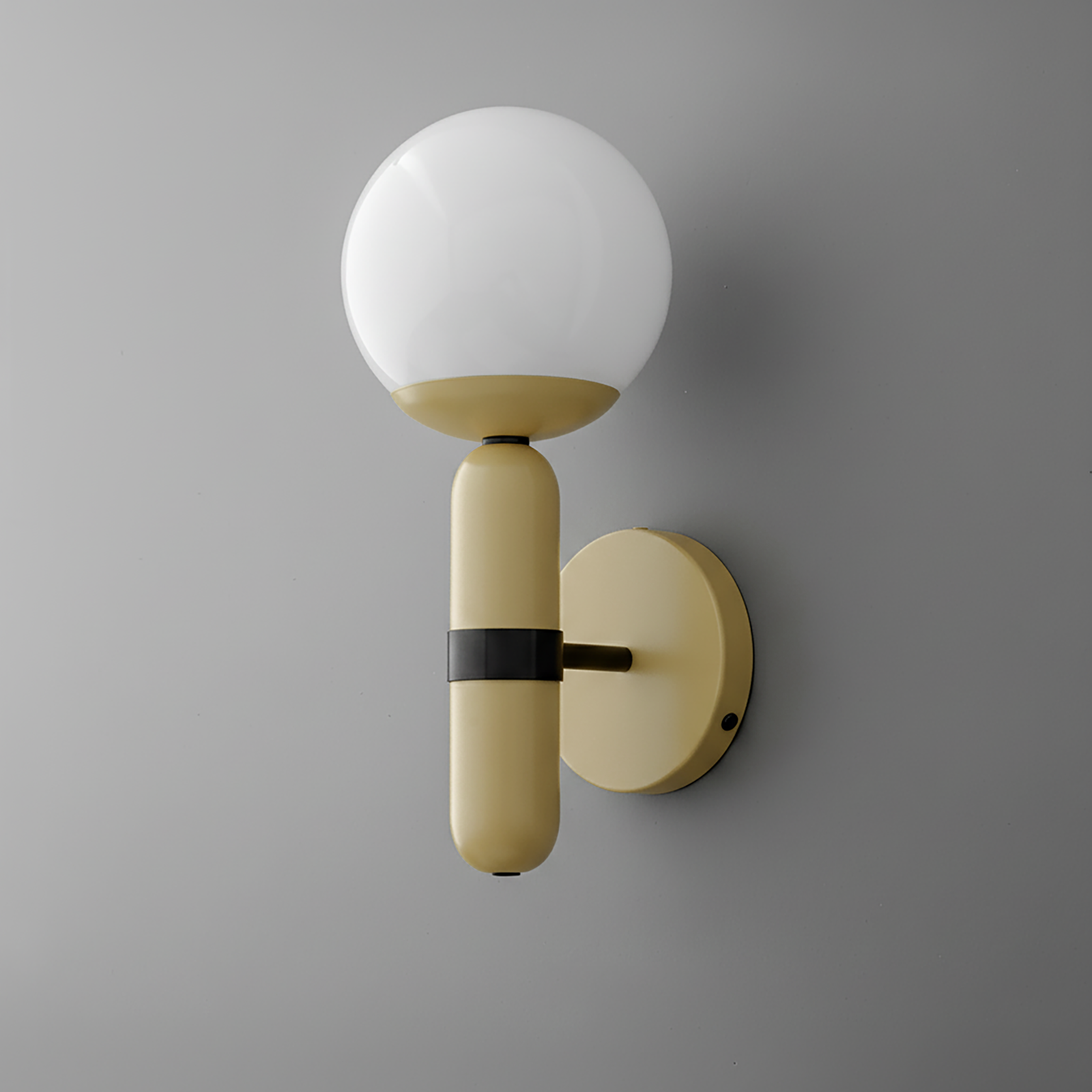 Matte cream brass wall sconce with round white glass globe and black accent band. - SCONCE MODEL NO. 4786