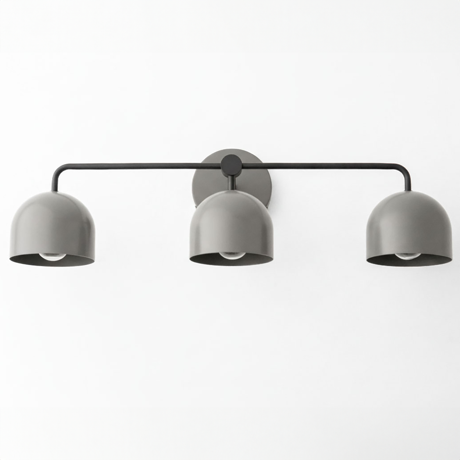 Mid-century modern three-bulb vanity light with matte black frame and gray dome shades. - VANITY LIGHT MODEL NO. 7456