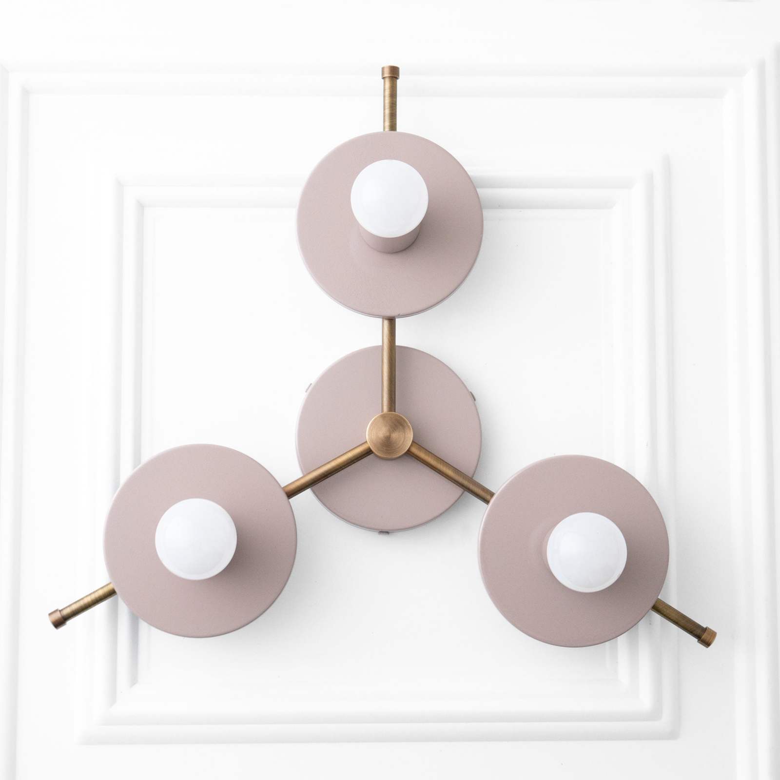 Mid-century modern chandelier with three mauve circular shades and antique brass arms, flush mount ceiling fixture. - CHANDELIER MODEL NO. 9526