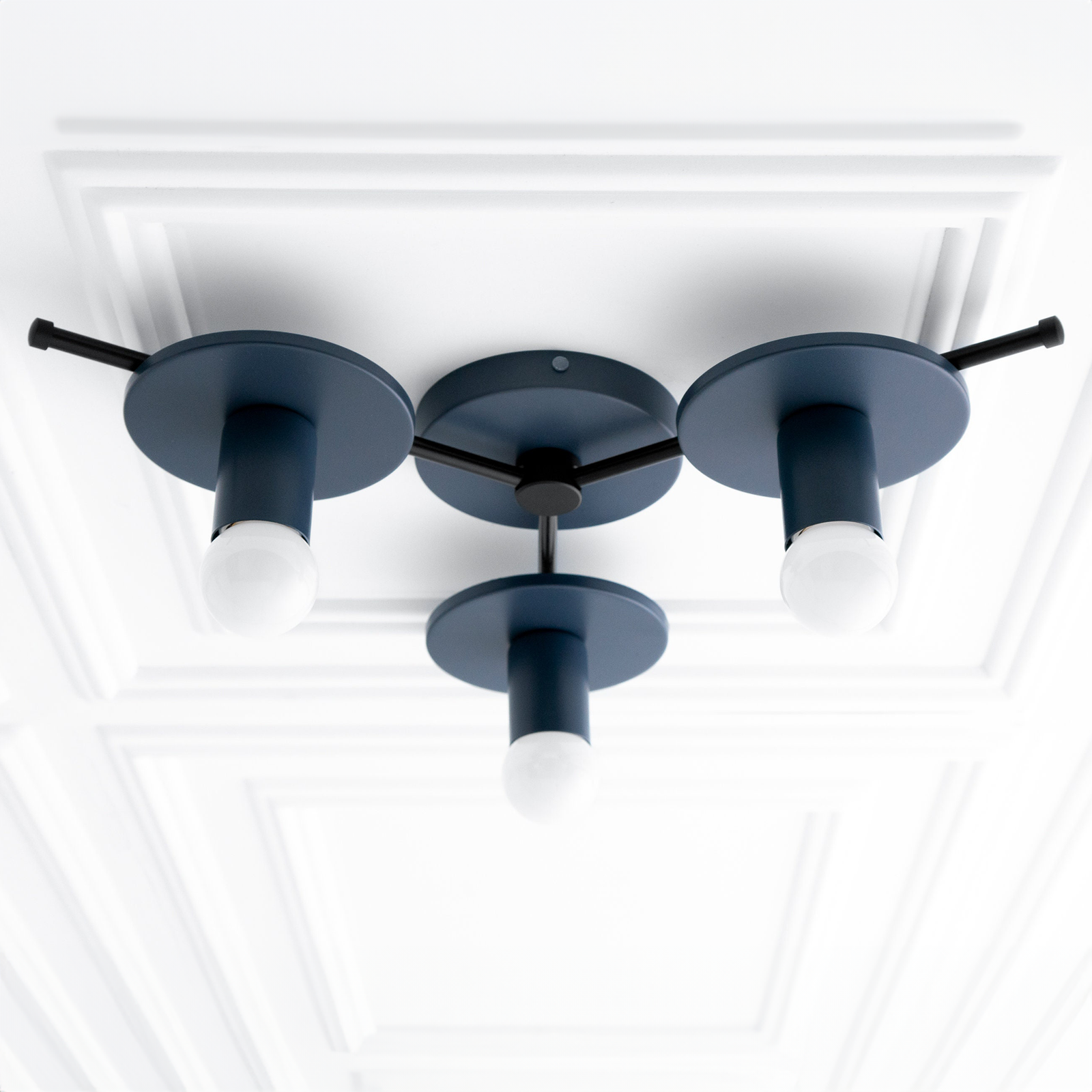Black flush mount chandelier with three downward-facing bare bulbs on round shades. - CHANDELIER MODEL NO. 9526