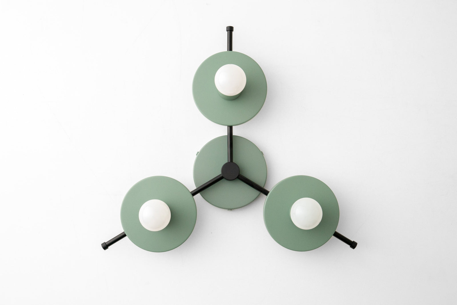 Mid-century modern flush mount chandelier with three green circular shades and exposed bulbs. - CHANDELIER MODEL NO. 9526