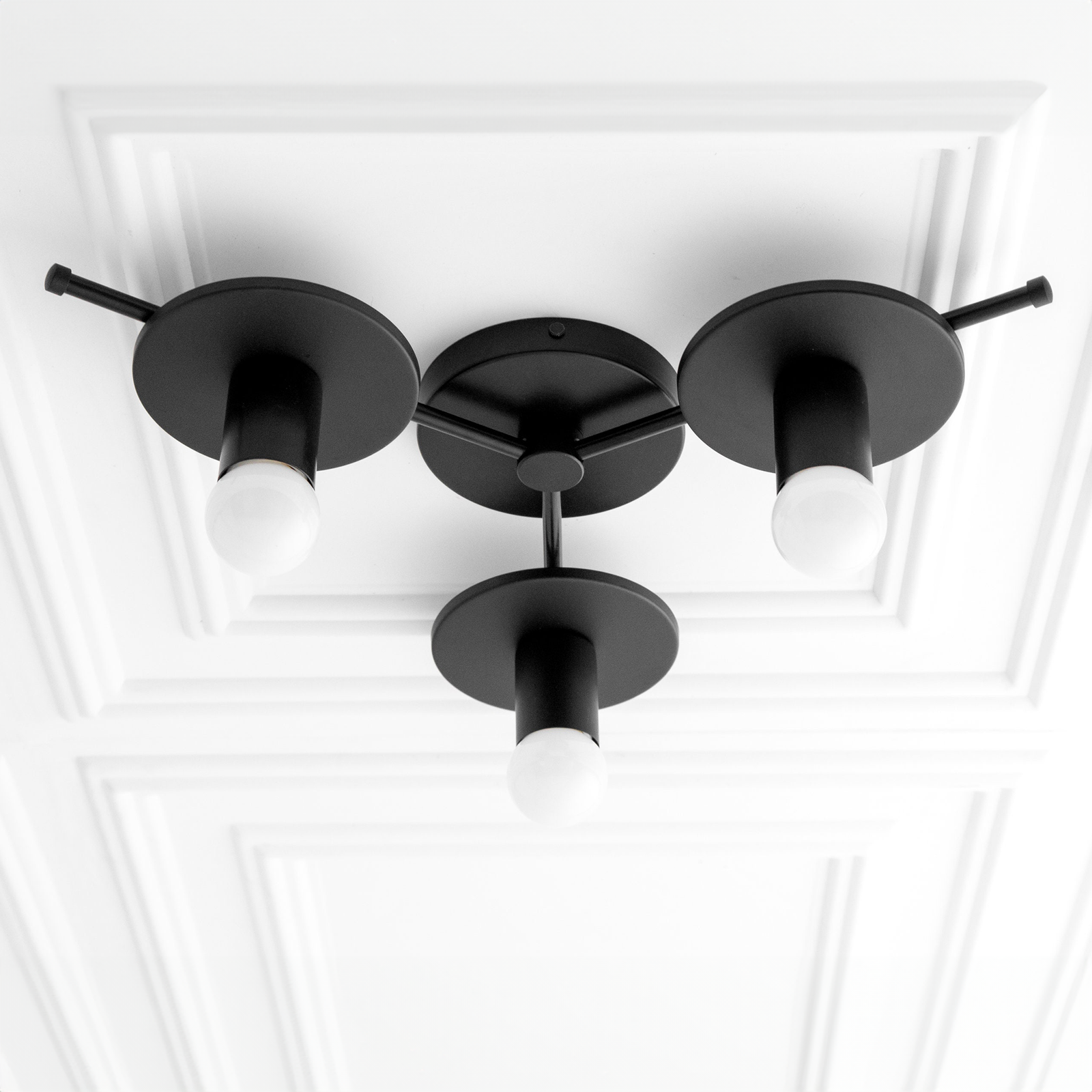 Matte black mid-century modern flush mount ceiling light with three exposed bulbs. - CHANDELIER MODEL NO. 9526