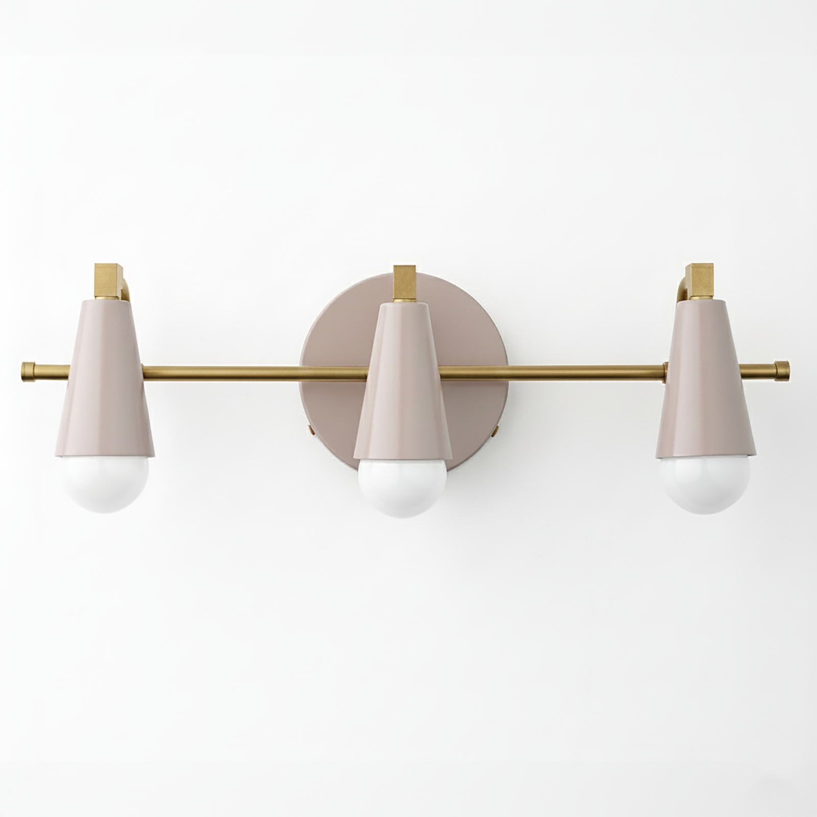 Mid-century modern triple vanity light with matte brass finish and beige conical shades. - VANITY LIGHT MODEL NO. 8084