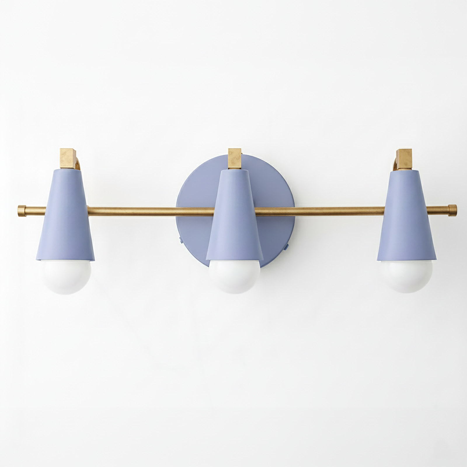 Mid-century modern 3-bulb vanity light with matte lavender cone shades and brass accents. - VANITY LIGHT MODEL NO. 8084