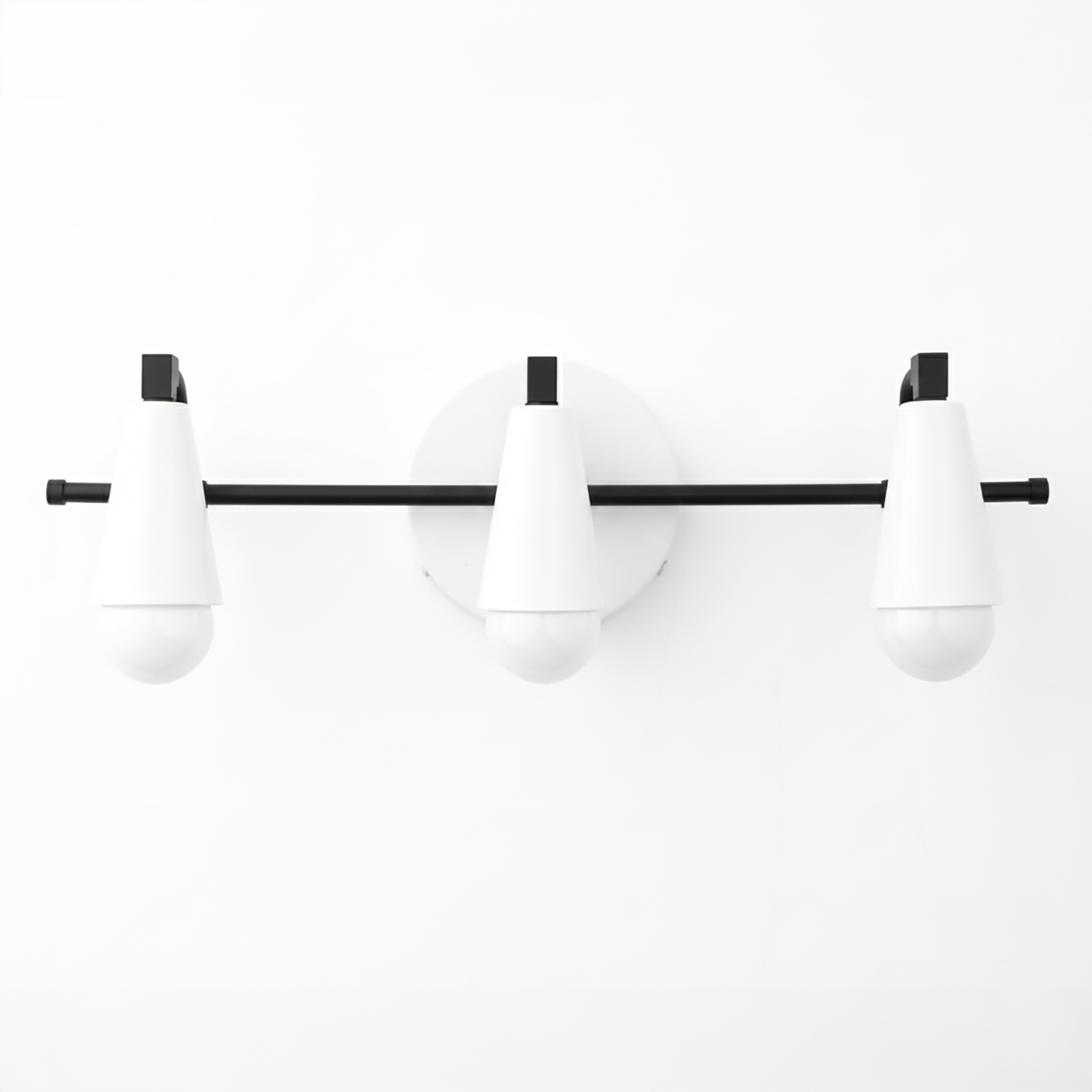 Three-bulb black metal vanity light with white cone-shaped shades and round backplate. - VANITY LIGHT MODEL NO. 8084