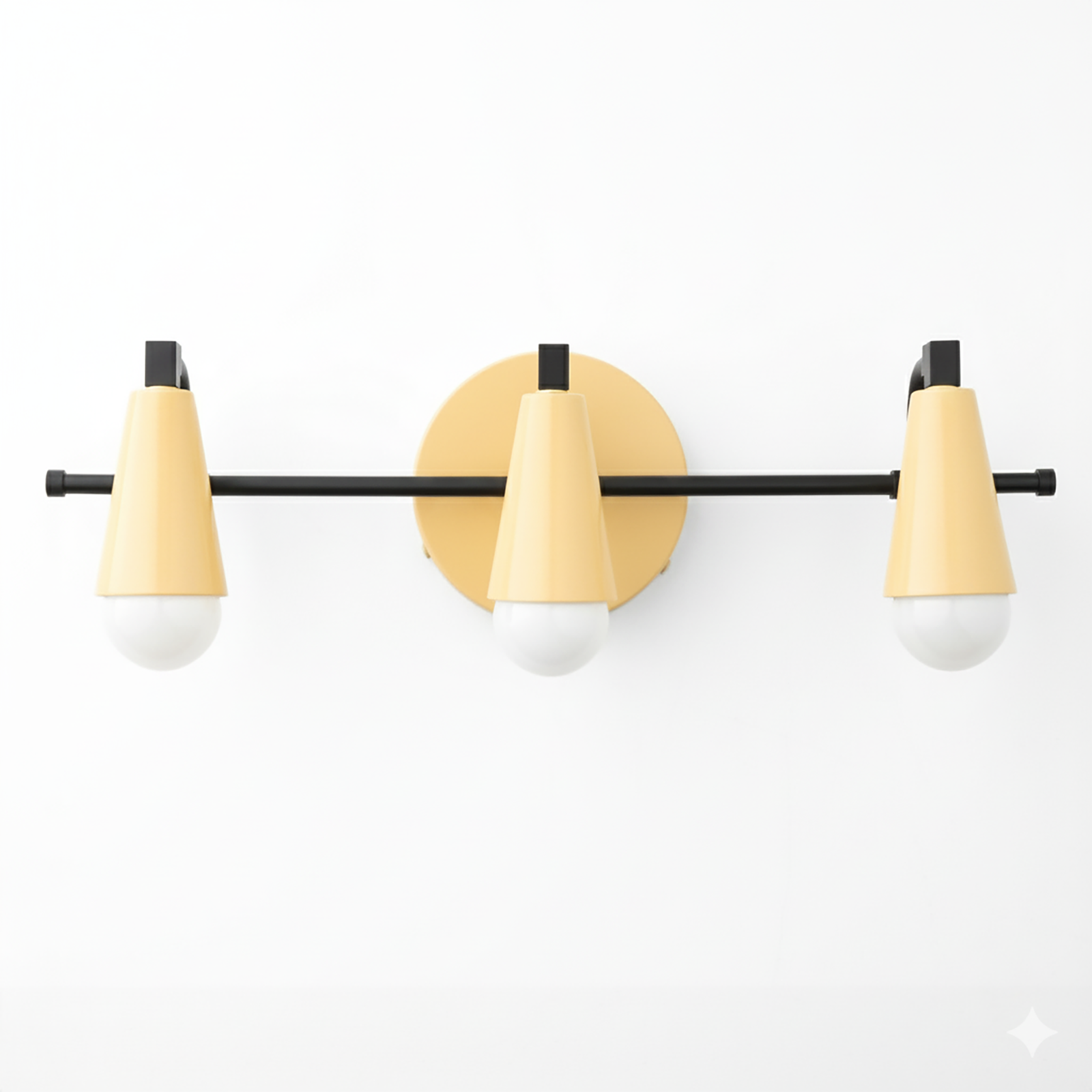 Three-light vanity fixture with matte yellow cone shades and black horizontal bar mount. - VANITY LIGHT MODEL NO. 8084