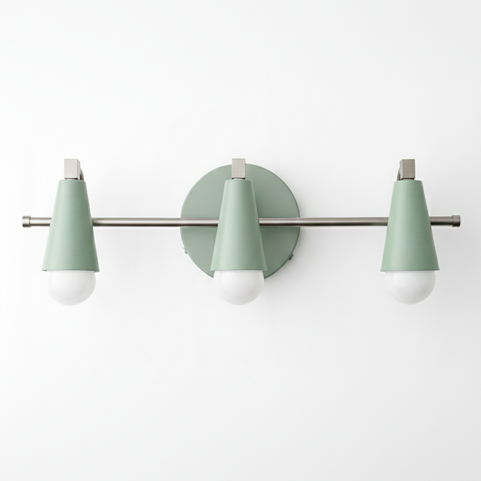 Three-bulb vanity light with matte green conical shades, brushed nickel accents, and round backplate. - VANITY LIGHT MODEL NO. 8084