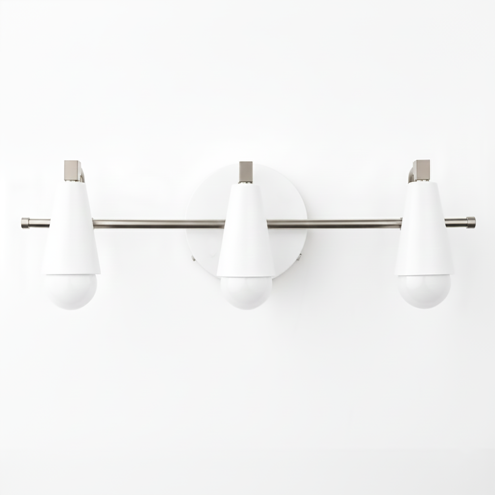 Three-bulb vanity light with white tapered glass shades and brushed nickel horizontal bar and round wall mount. - VANITY LIGHT MODEL NO. 8084