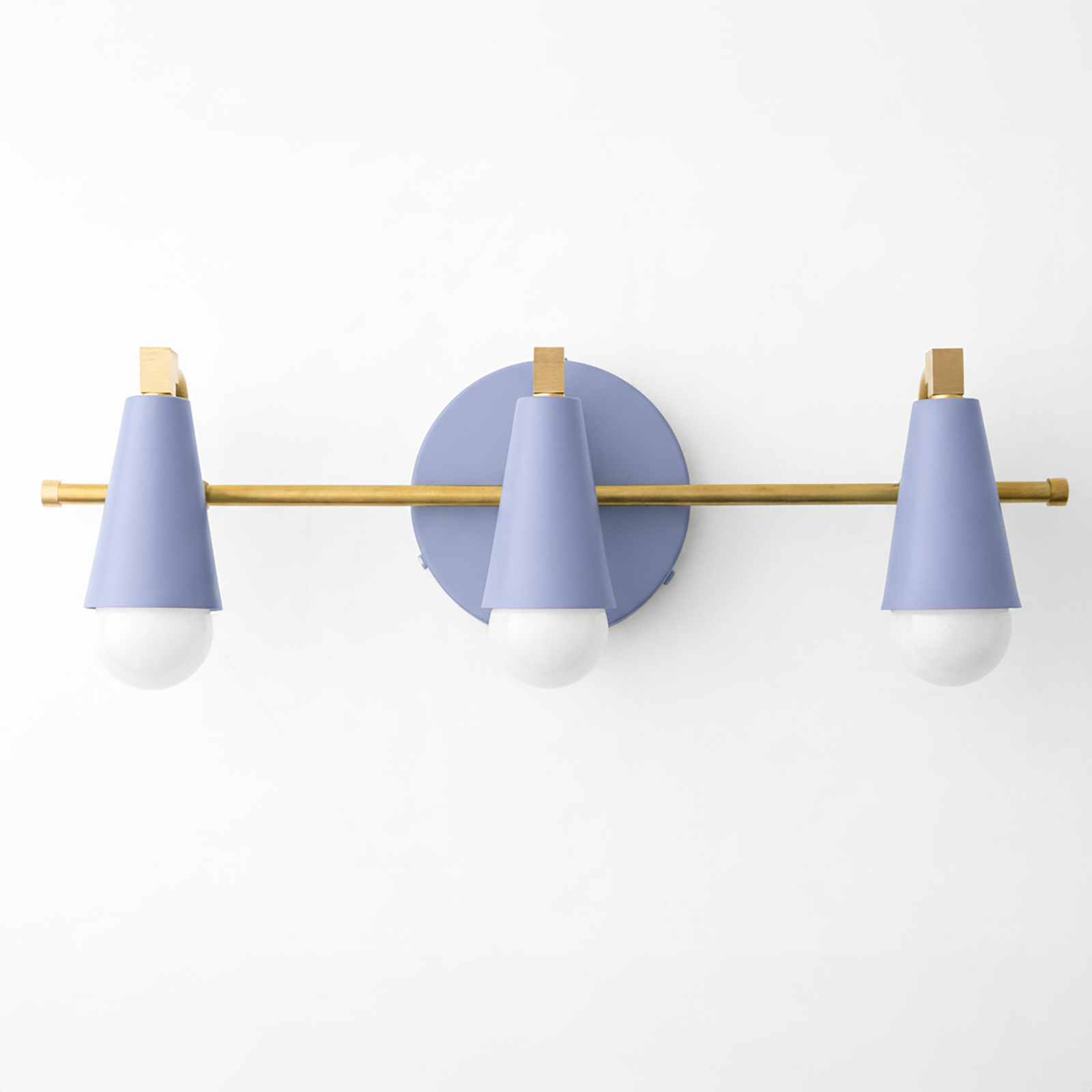 Three-light vanity fixture with matte lavender conical shades, brass accents, and round wall mount. - VANITY LIGHT MODEL NO. 8084