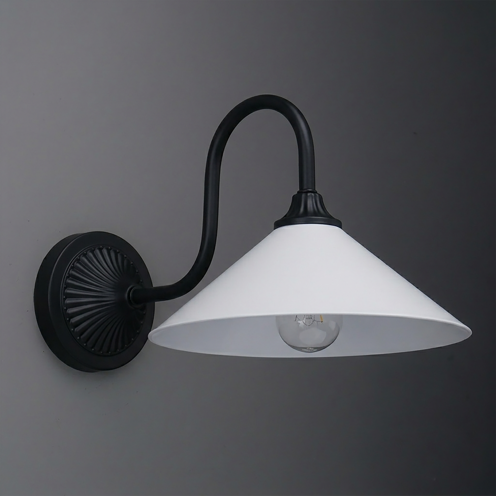 Black metal wall sconce with curved arm and wide white conical lampshade, single exposed bulb. - SCONCE MODEL NO. 1031