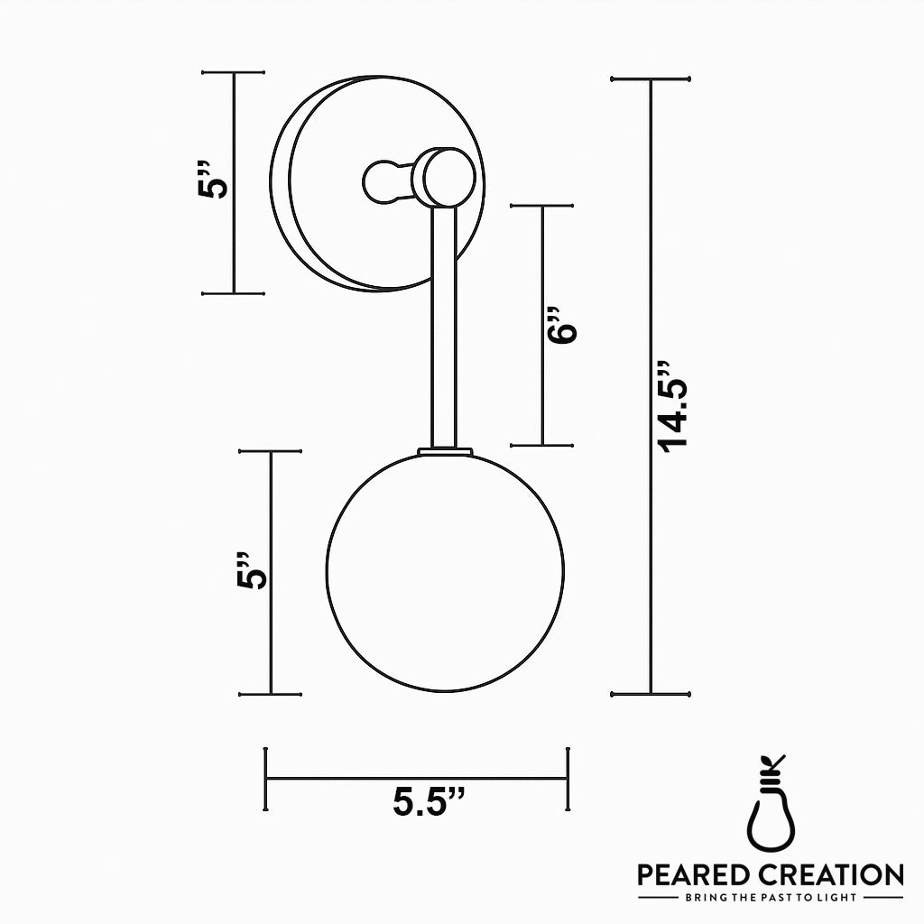 Wall sconce with round brass mount and vertical rod holding a 5-inch globe light, 14.5 inches tall. - Sconce Model No. 5999