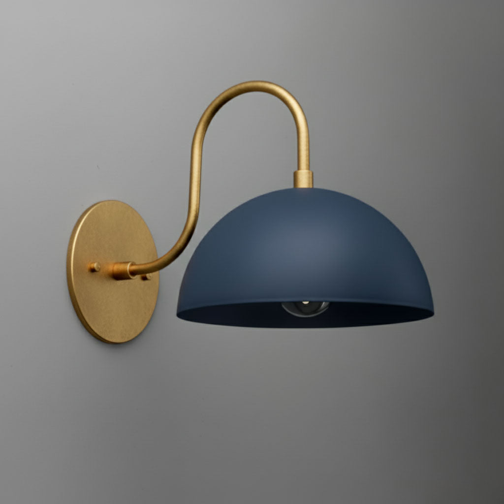 Antique brass wall sconce with matte coal blue dome shade and curved arm mount. - SCONCE MODEL NO. 9092