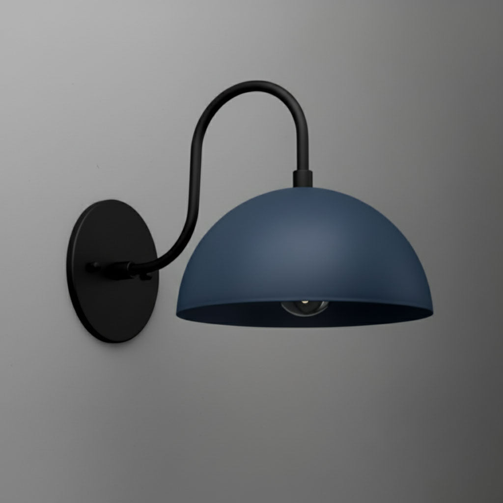 Matte black wall sconce with a curved arm and dome-shaped coal blue shade. - SCONCE MODEL NO. 9092