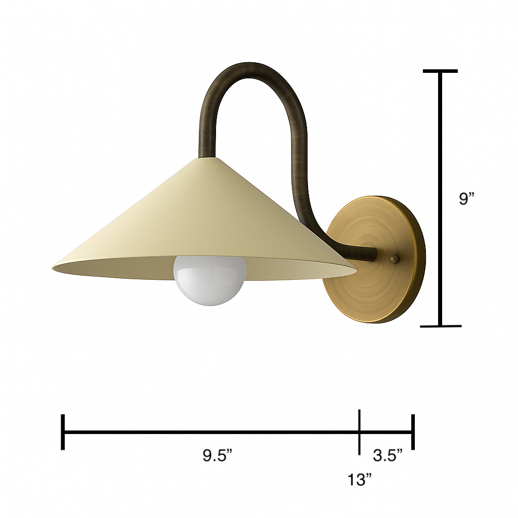 Matte beige conical metal shade with exposed round bulb, curved bronze arm, and round wall mount bracket. - SCONCE MODEL NO. 1015