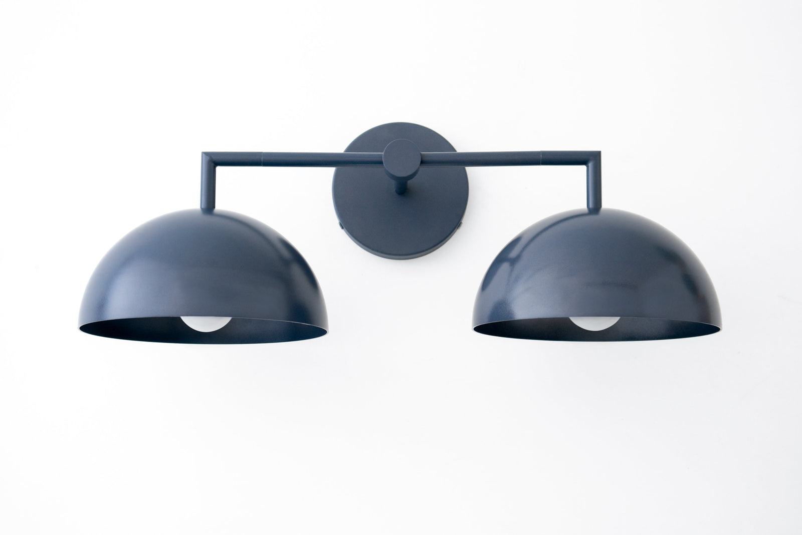 Matte black double dome vanity light with minimalist horizontal bar and round wall mount. - VANITY LIGHT MODEL NO. 6074