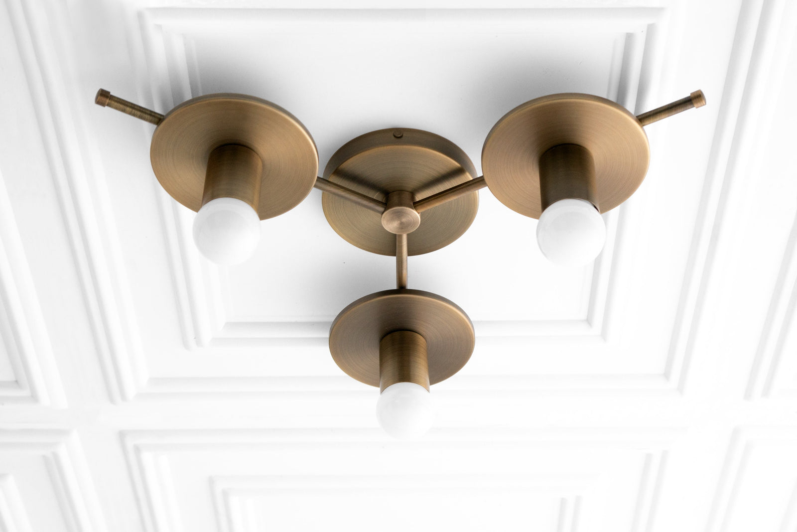 Antique brass mid-century modern flush mount chandelier with three bare bulbs and round shades. - CHANDELIER MODEL NO. 9526