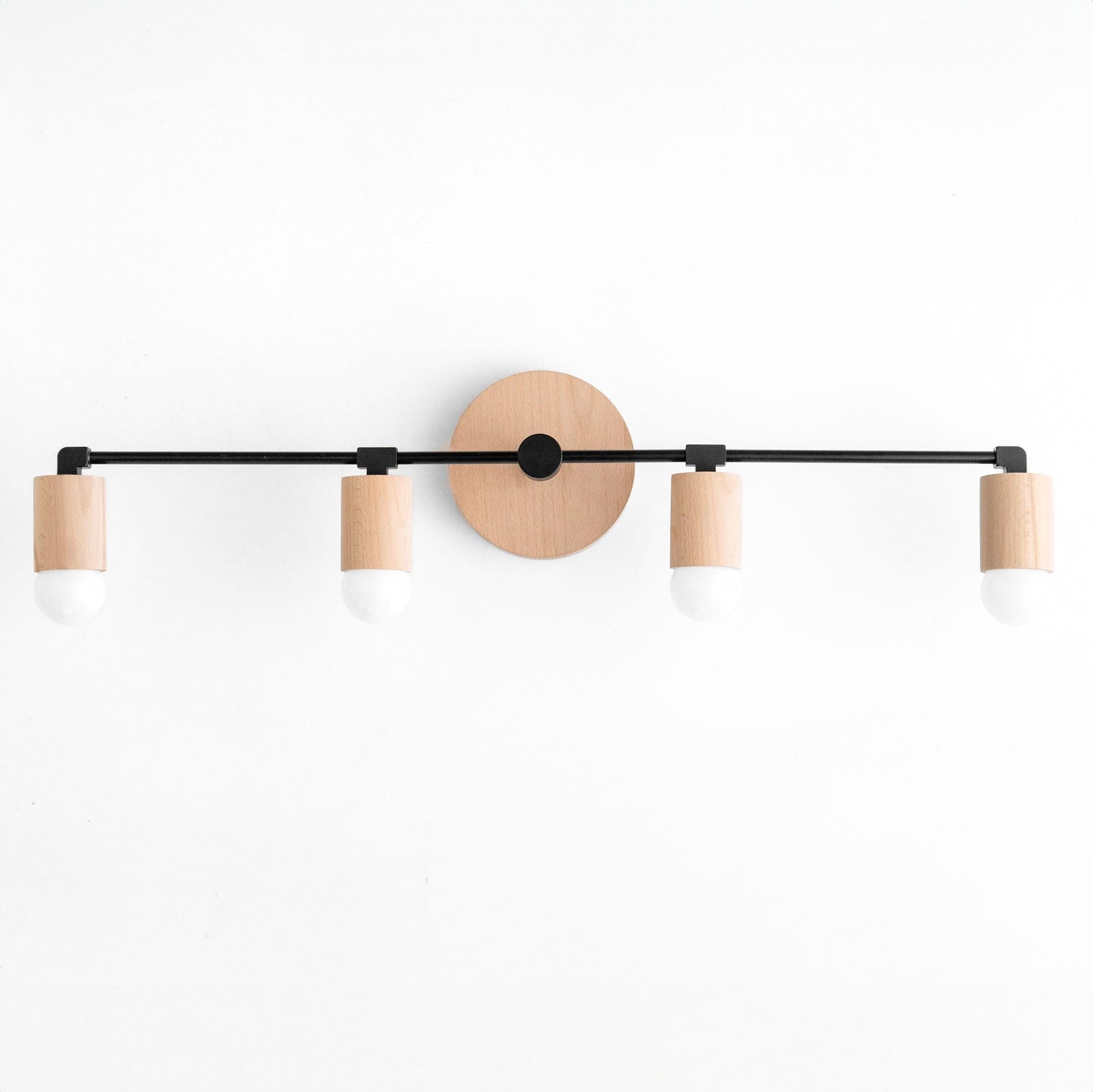 Four-bulb vanity light with natural wood accents and black metal frame. - VANITY LIGHT MODEL NO. 2017
