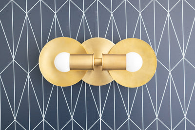 VANITY MODEL No. 5844-Art Deco bathroom lighting with a Raw Brass finish. Designed and produced by DECOCREATIONStudio at Peared Creation