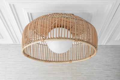 Rattan Basket Shade with Globe -  Pendant Lighting - Boho Lighting - Natural Fiber Light - Ceiling Lighting - Boho Model No. 4944
