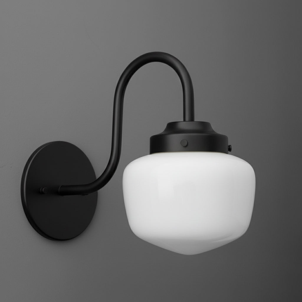 Matte black metal wall sconce with curved arm and white frosted glass globe shade. - SCONCE MODEL NO. 1012