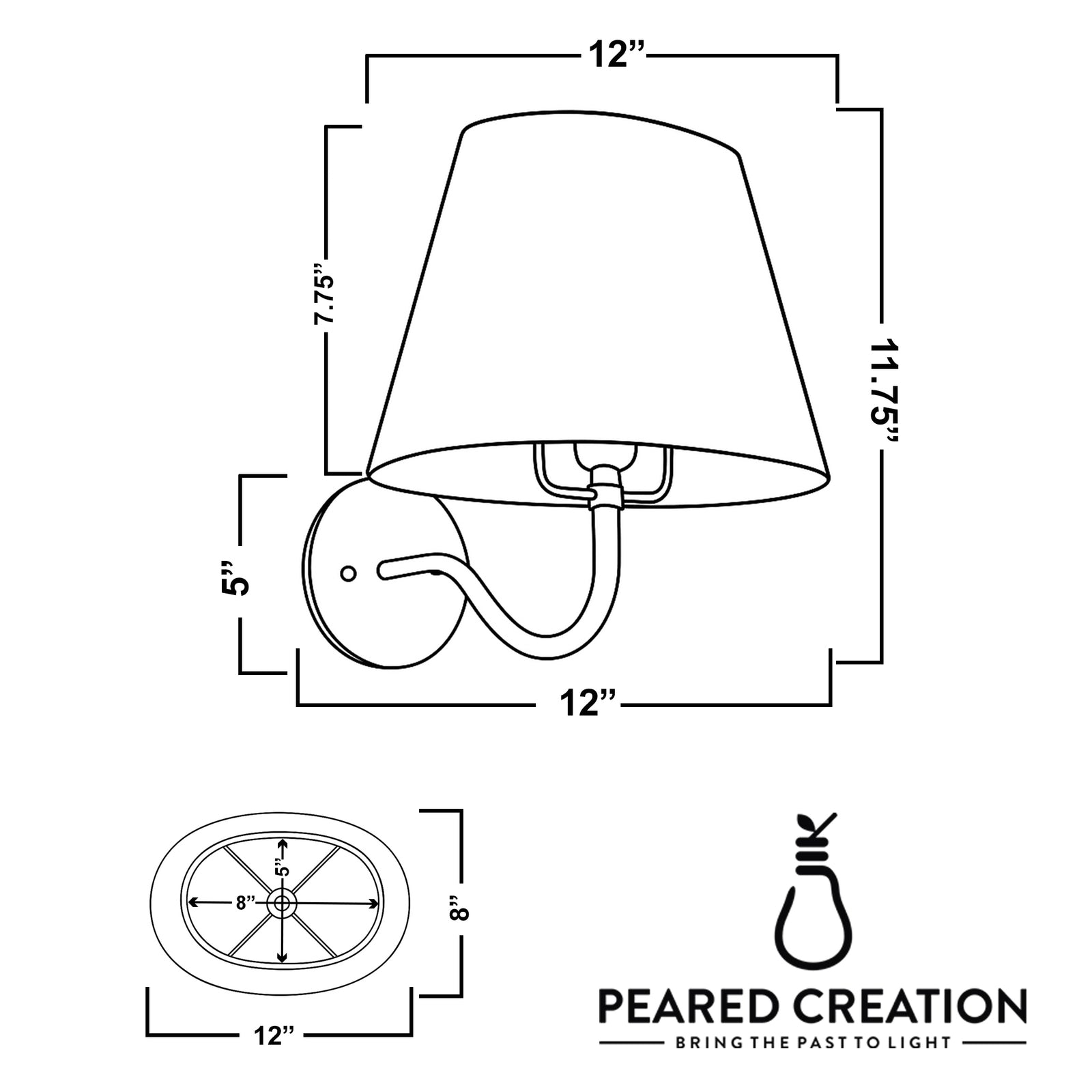 Wall sconce with tapered shade, curved arm, and round backplate, 12-inch width, 11.75-inch height. - SCONCE MODEL NO. 0303