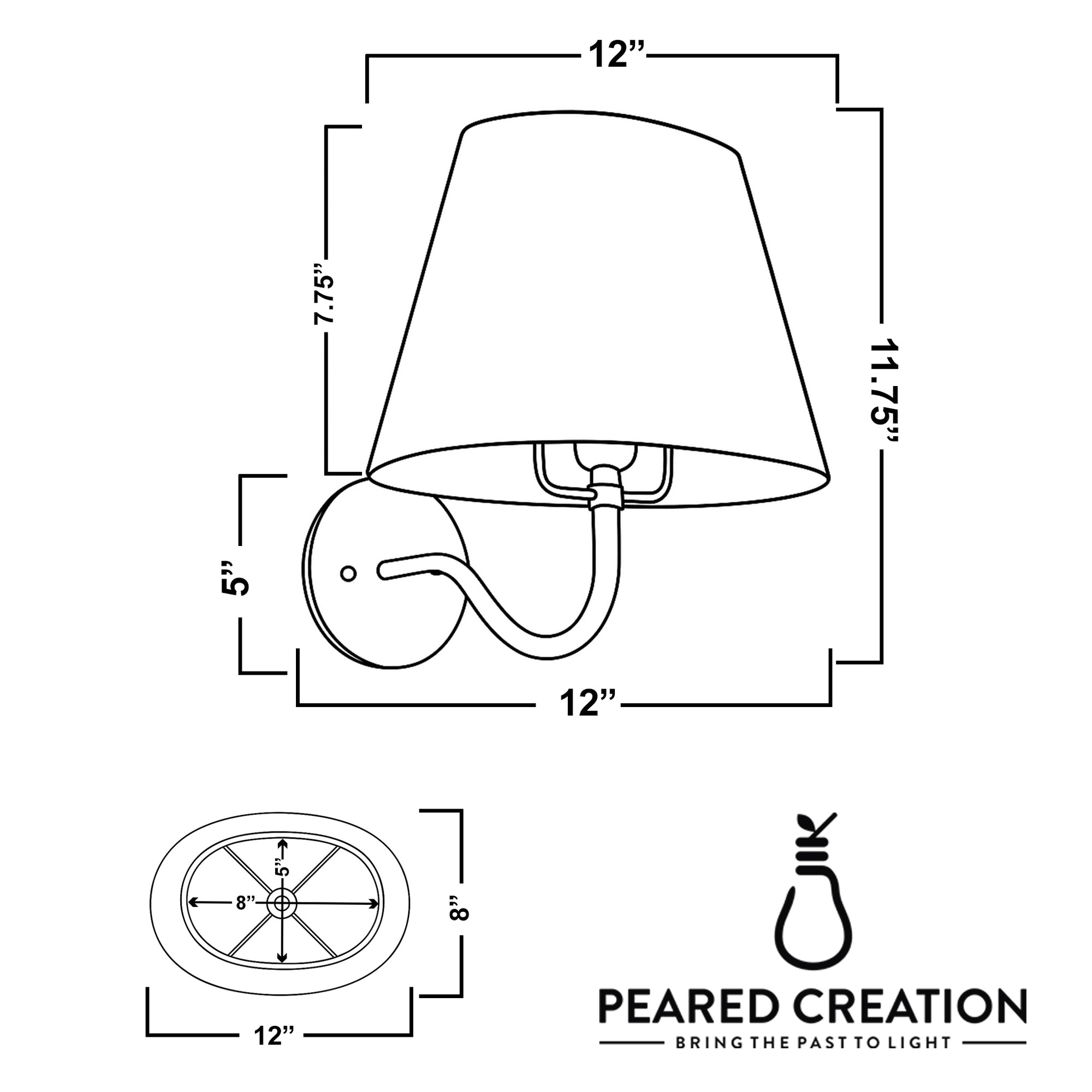 Wall sconce with tapered shade, curved arm, and round backplate, 12-inch width, 11.75-inch height. - SCONCE MODEL NO. 0303