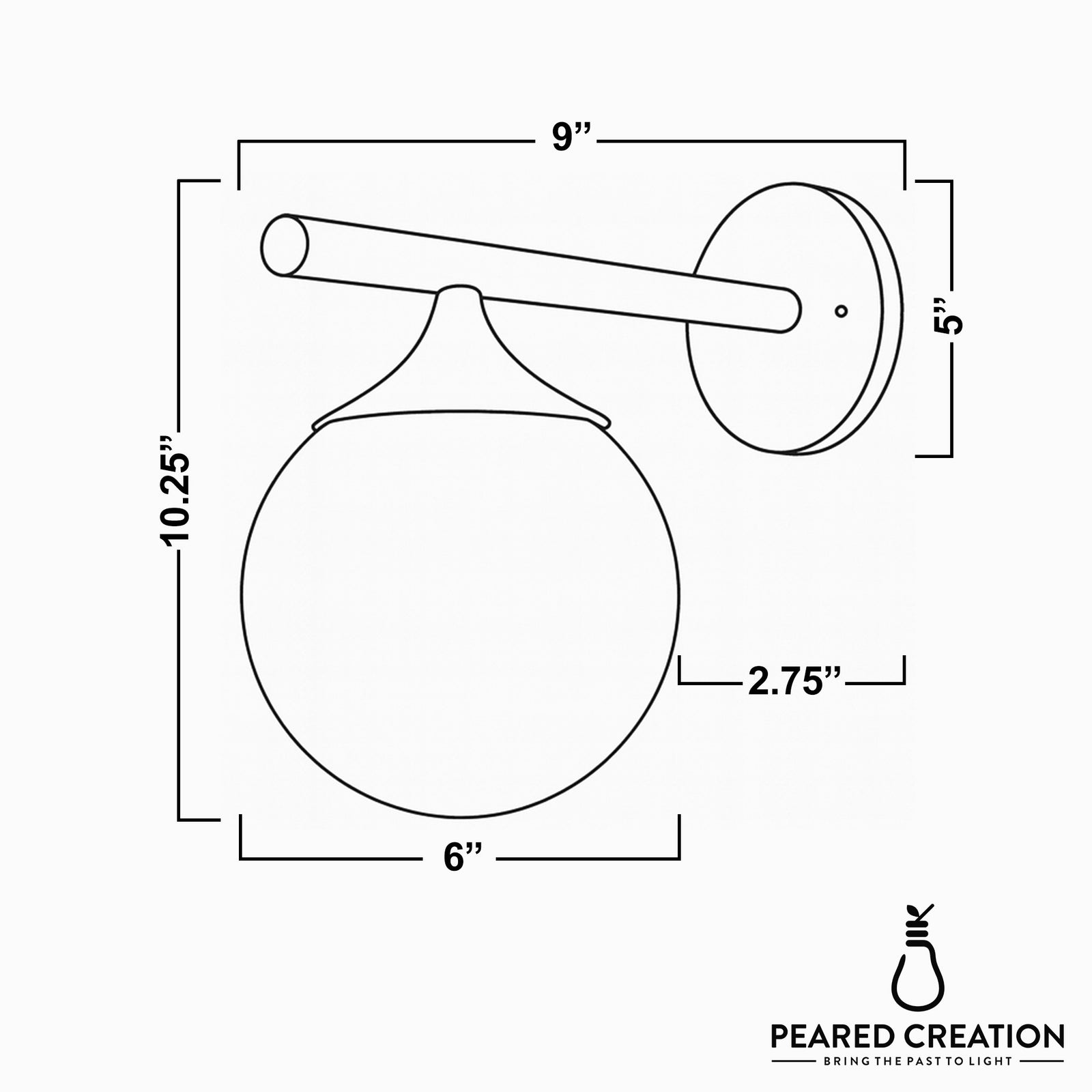 Wall sconce with round globe shade and horizontal arm, dimensions labeled in black line drawing. - SCONCE MODEL NO. 1098