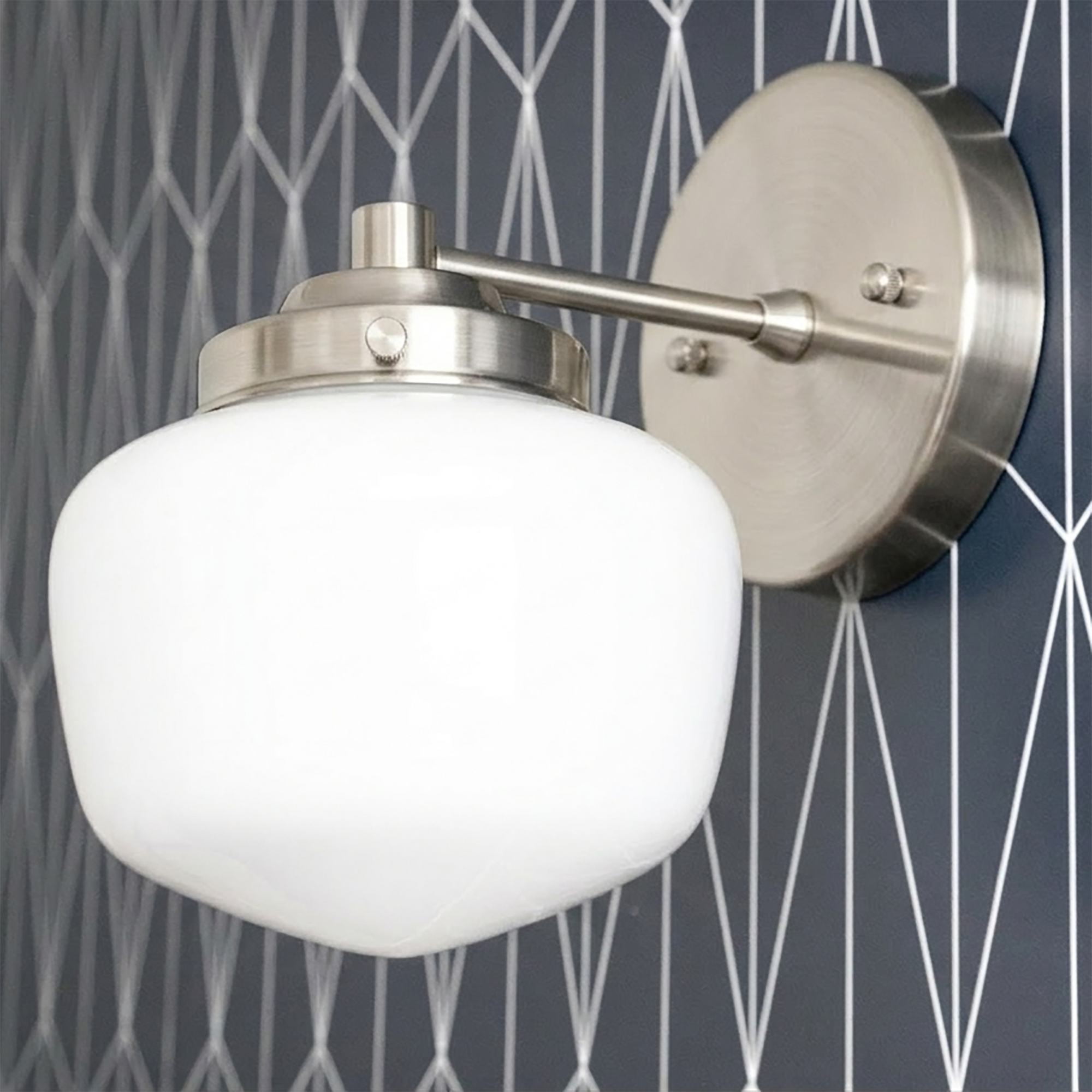 Art Deco semi-flush wall sconce with brushed nickel finish and white globe shade. - SCONCE MODEL NO. 7322
