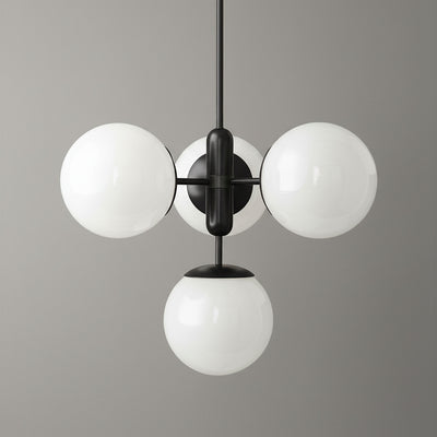 Art Deco chandelier with three white glass globes on black metal frame suspended from ceiling. - CHANDELIER MODEL NO. 4321