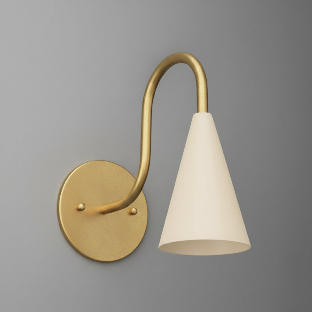 Matte gold metal wall sconce with curved arm and white conical fabric shade. - SCONCE MODEL NO. 2126
