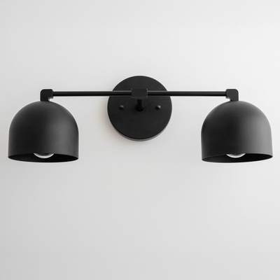 Mid-century modern black metal vanity light with two dome-shaped shades and round wall mount. - VANITY LIGHT MODEL NO. 0698