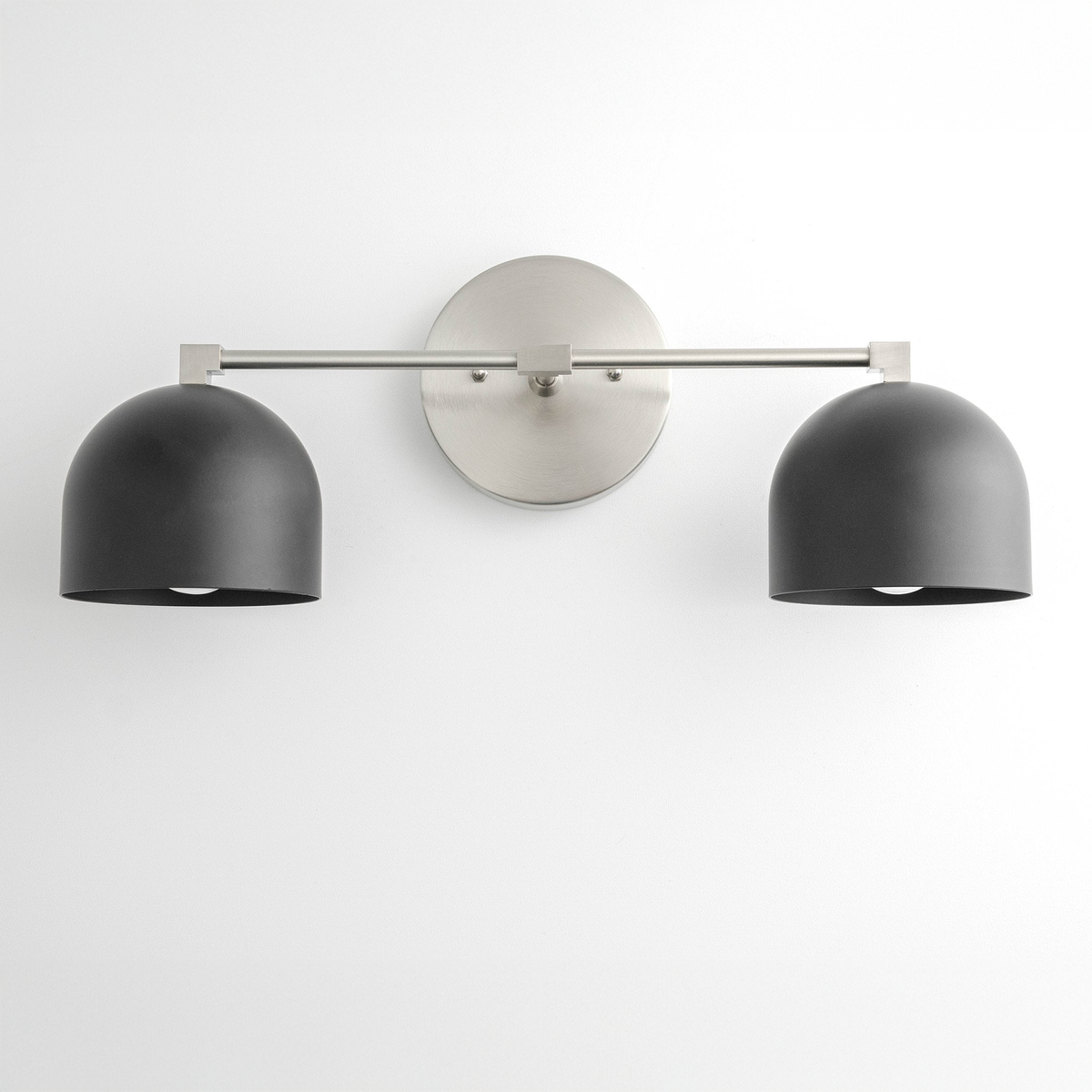 Mid-century modern vanity light with two matte black dome shades and brushed nickel wall mount. - VANITY LIGHT MODEL NO. 0698
