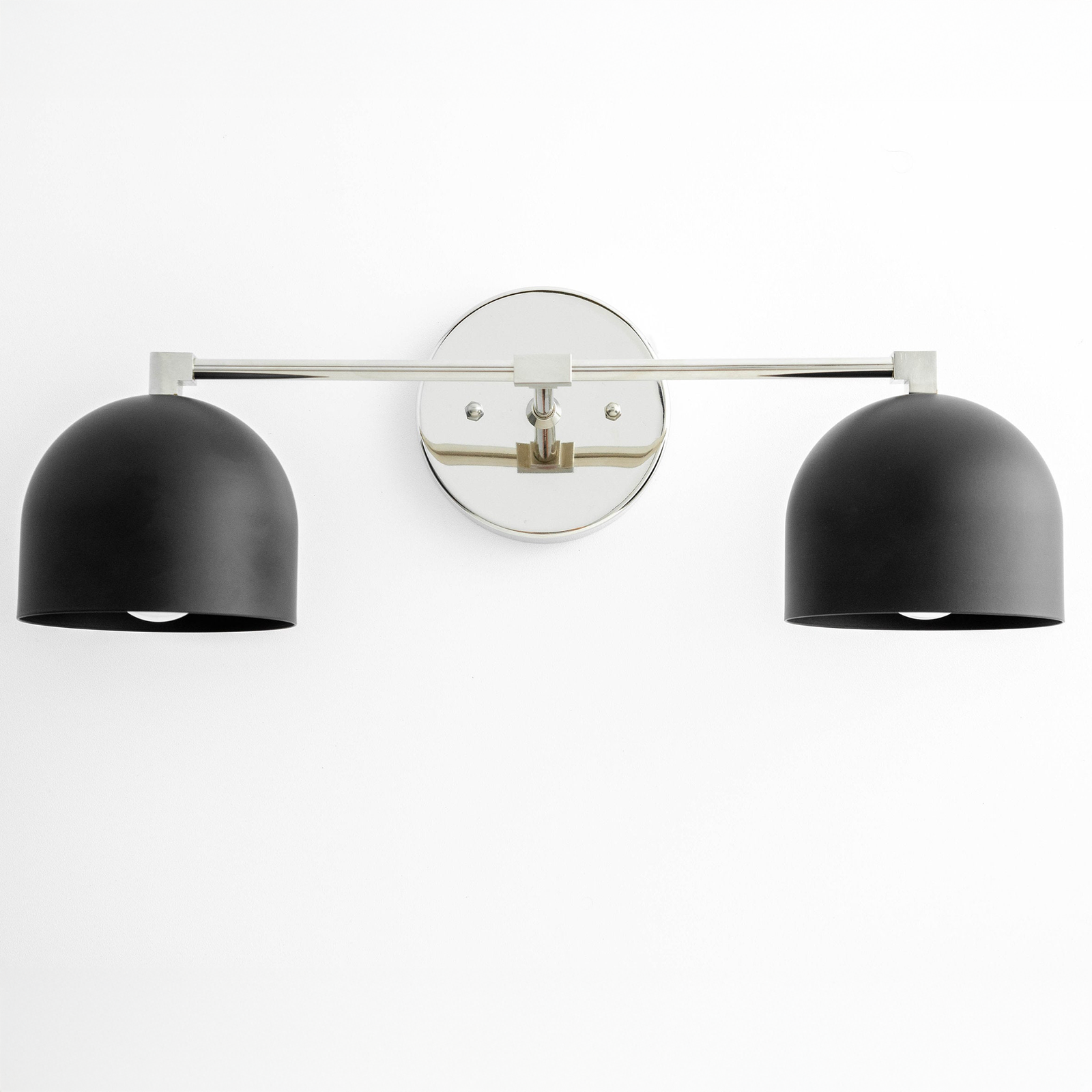 Mid-century modern vanity light with two matte black dome shades and polished nickel mounting plate. - VANITY LIGHT MODEL NO. 0698