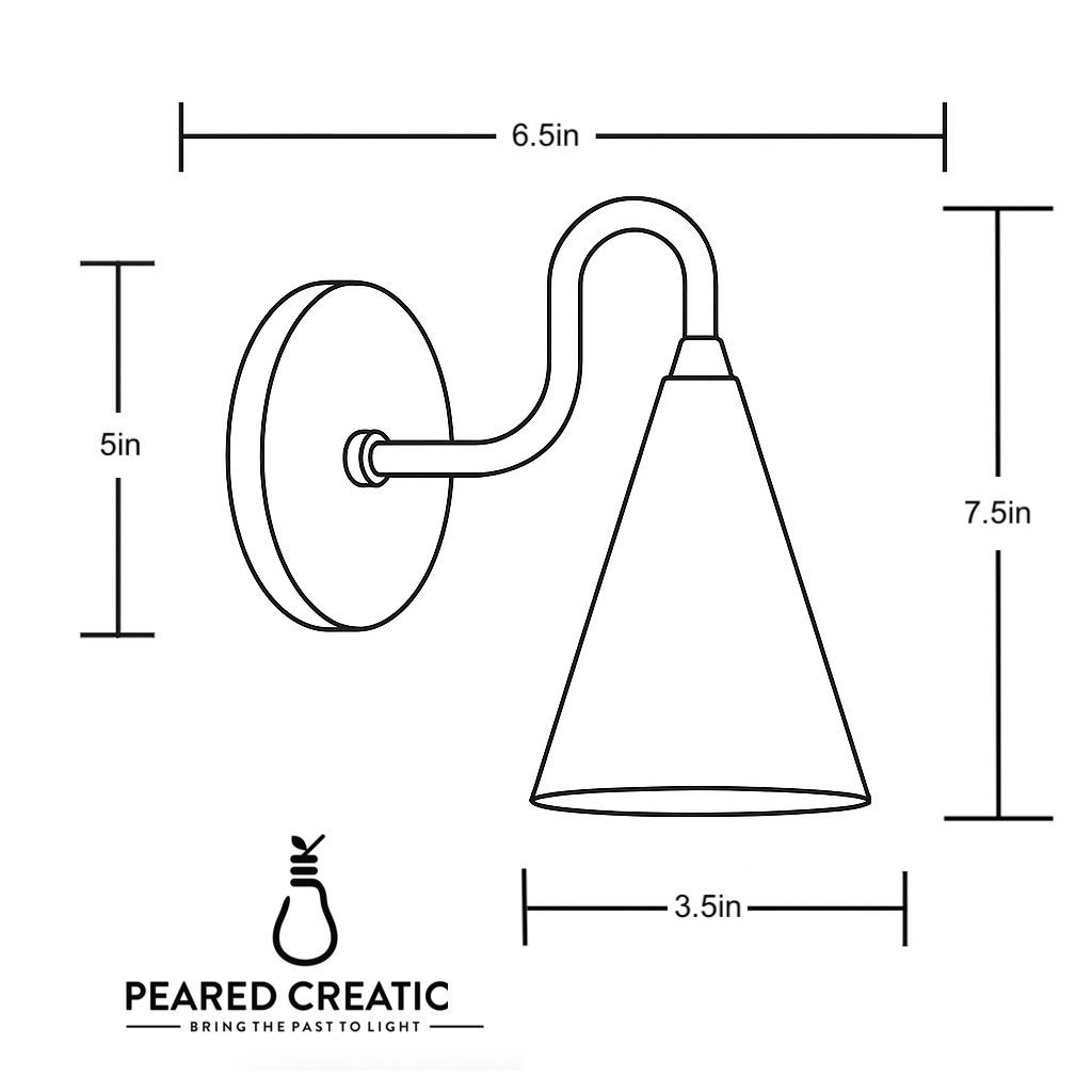 Wall sconce with conical shade, curved arm, and round wall plate, dimensions labeled. - Sconce Model No. 2900