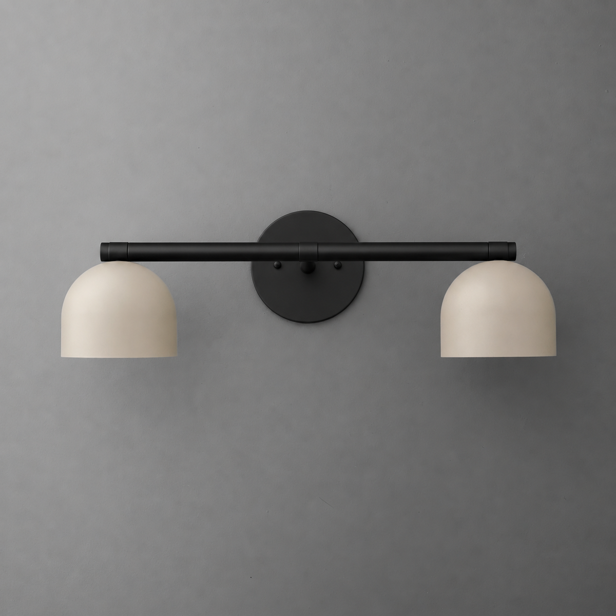 Two-light vanity light in Black with Cream steel dome shades hanging from a straight bar on a round wall plate. - VANITY LIGHT MODEL NO. 1186