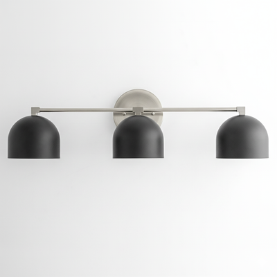 Mid-century modern 3-bulb vanity light with brushed nickel bar and matte black dome shades. - VANITY LIGHT MODEL NO. 7565
