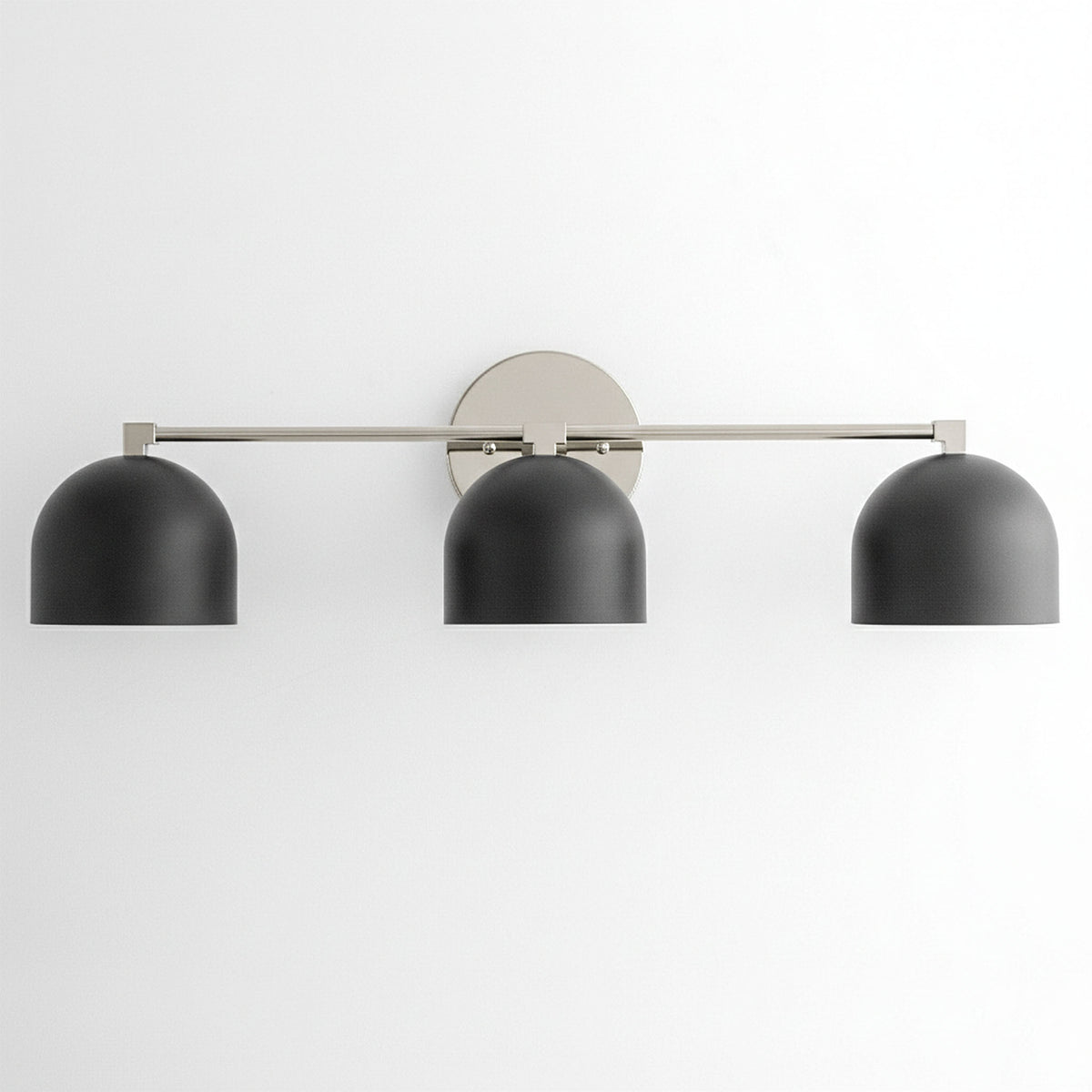 Mid-century modern 3-bulb vanity light with matte black dome shades and brushed nickel bar mount. - VANITY LIGHT MODEL NO. 7565