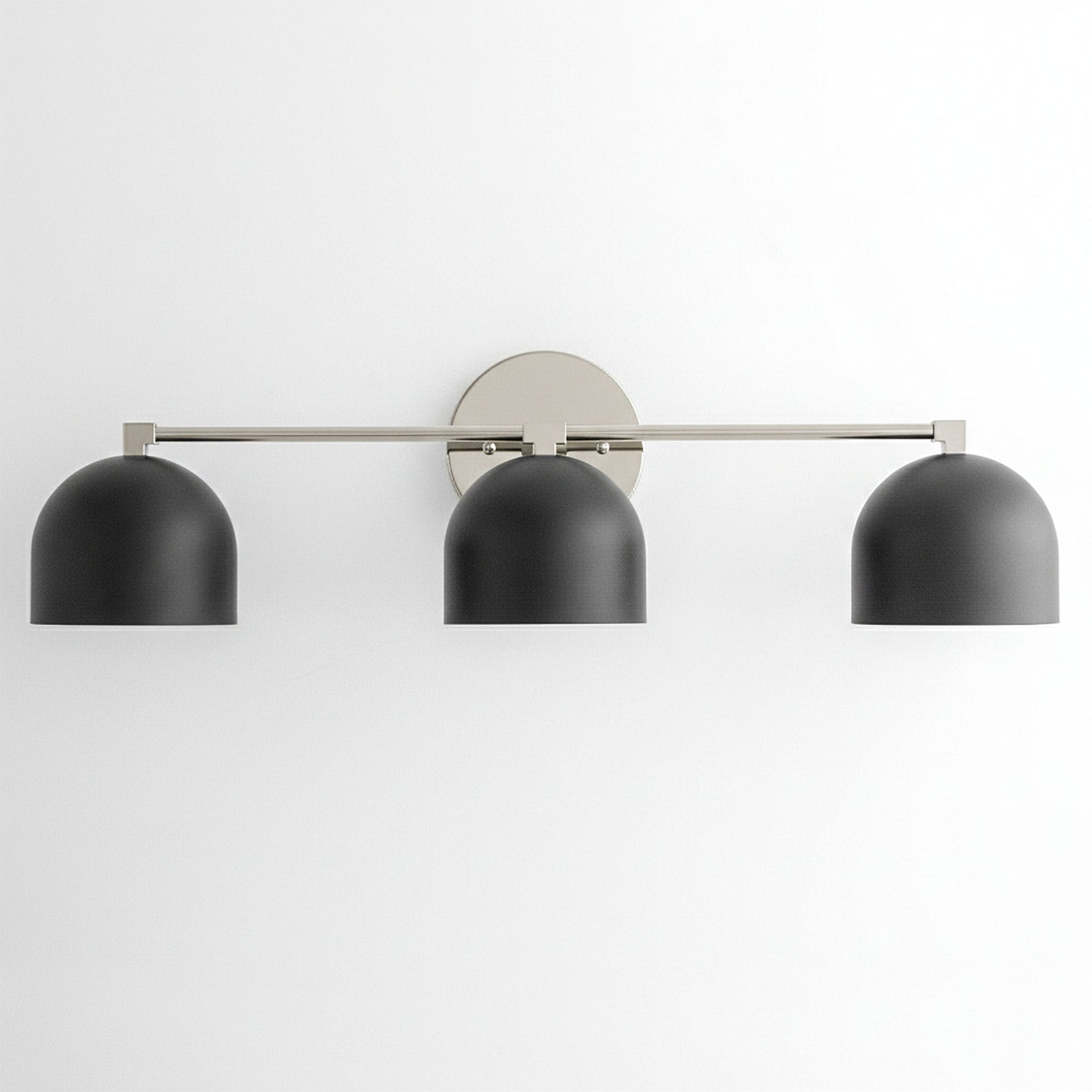 Mid-century modern 3-bulb vanity light with matte black dome shades and brushed nickel bar mount. - VANITY LIGHT MODEL NO. 7565